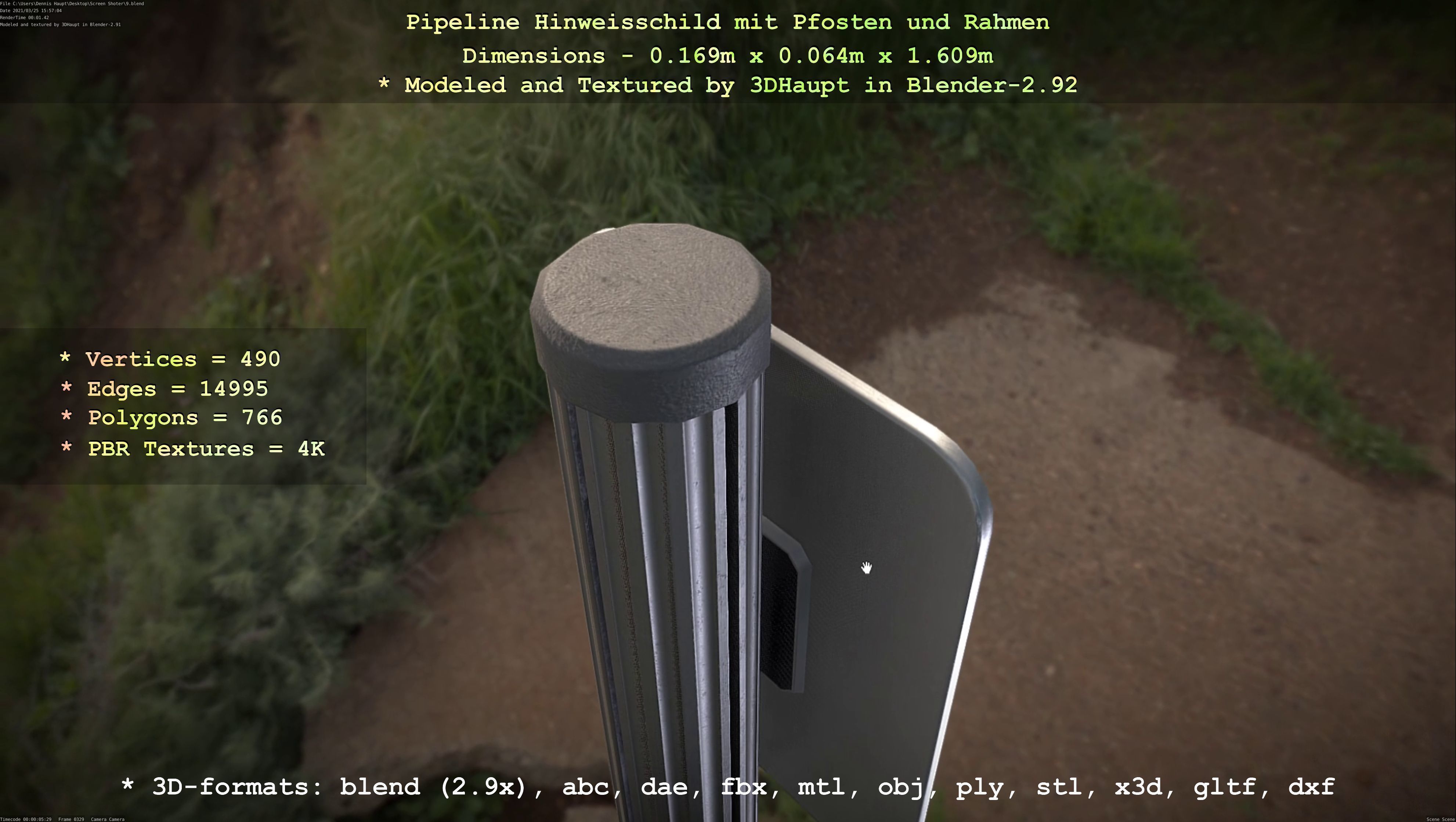 Hinweisschild Pipeline mit Pfosten und Rahmen Low-poly 3D model_28