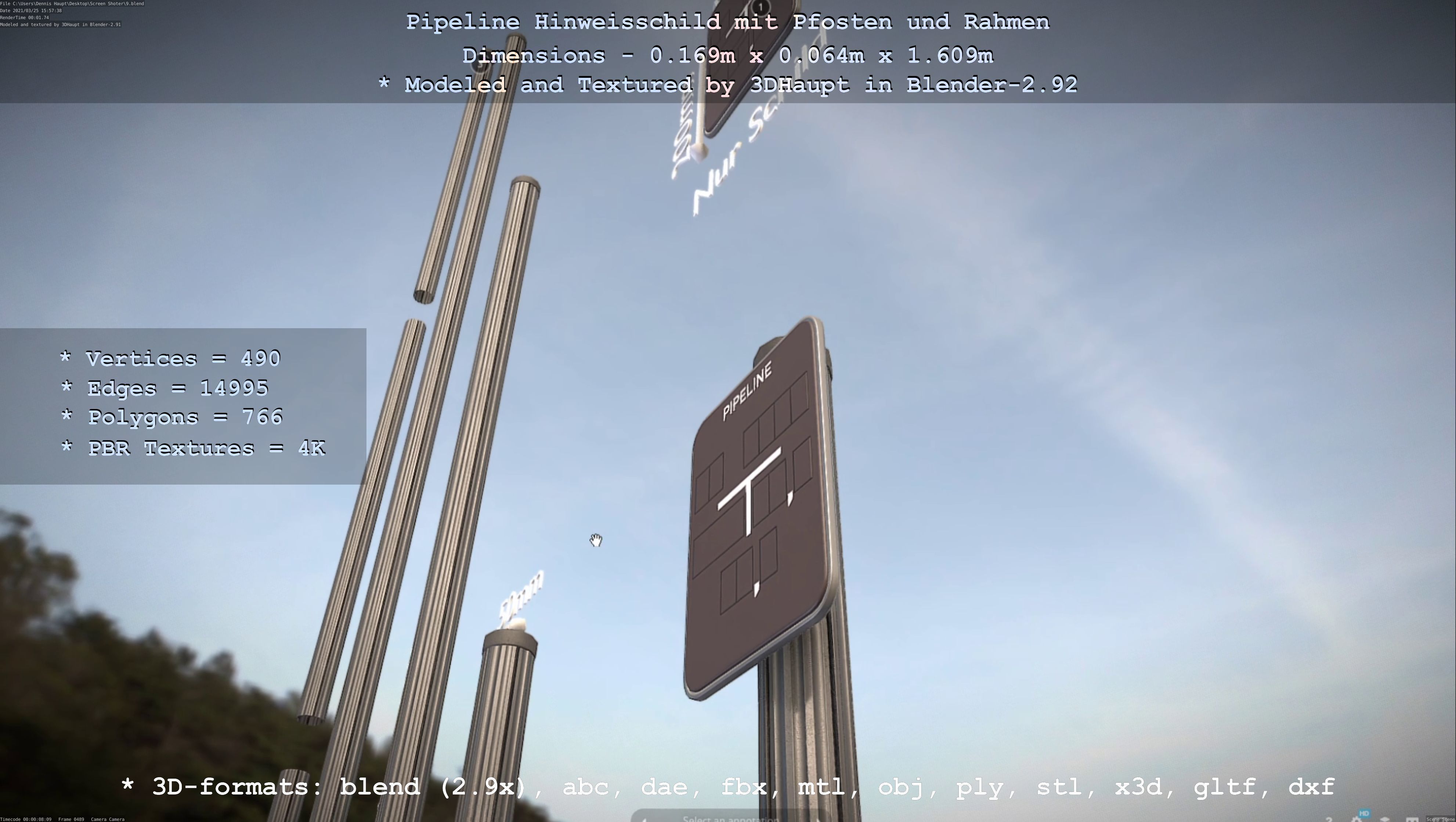 Hinweisschild Pipeline mit Pfosten und Rahmen Low-poly 3D model_89
