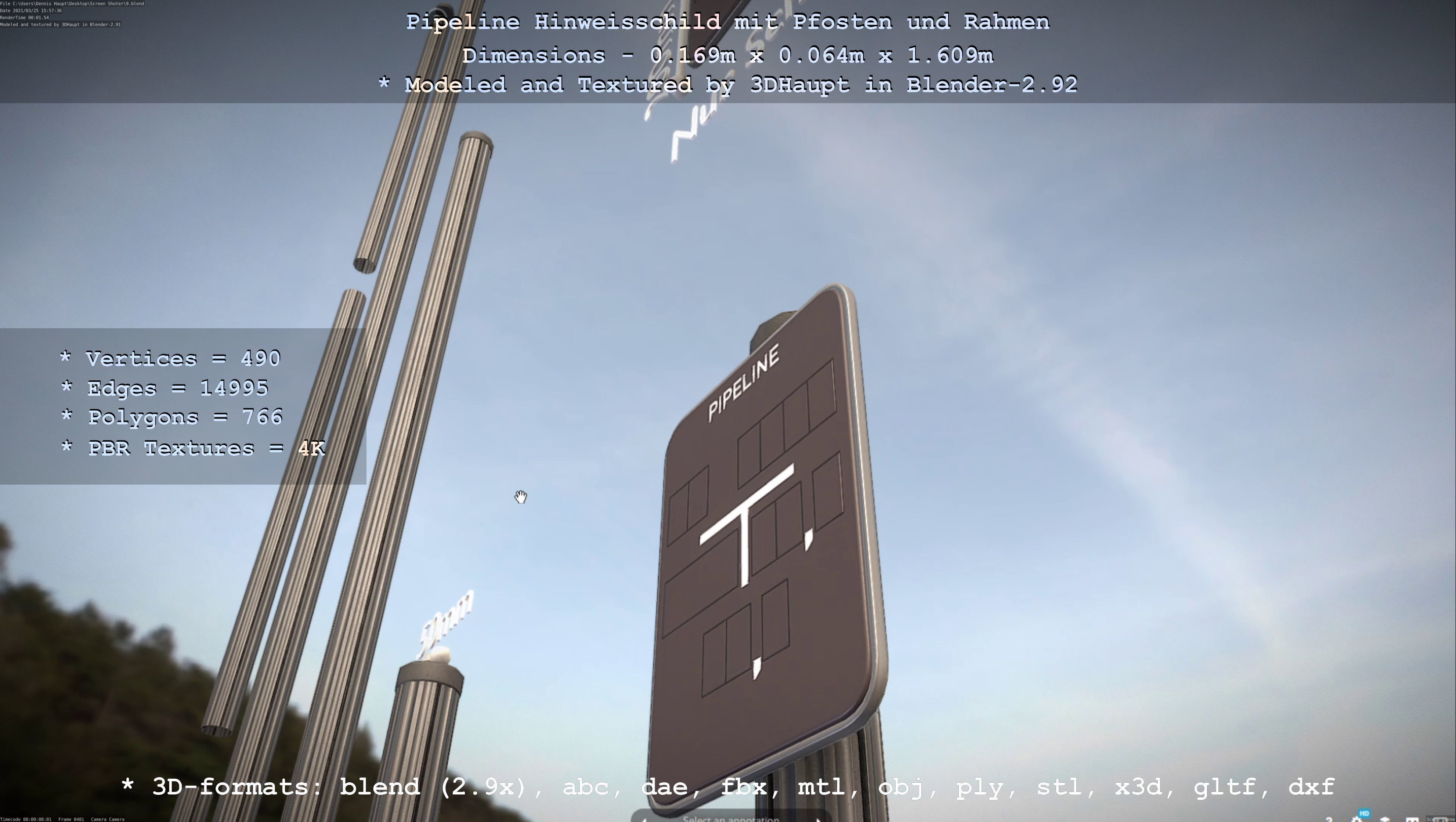 Hinweisschild Pipeline mit Pfosten und Rahmen Low-poly 3D model_88