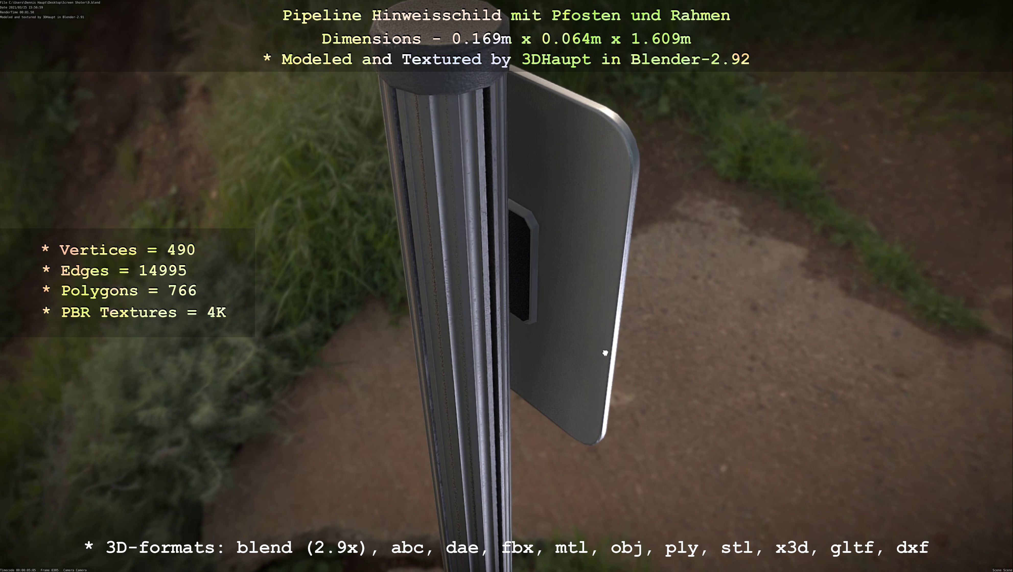 Hinweisschild Pipeline mit Pfosten und Rahmen Low-poly 3D model_27