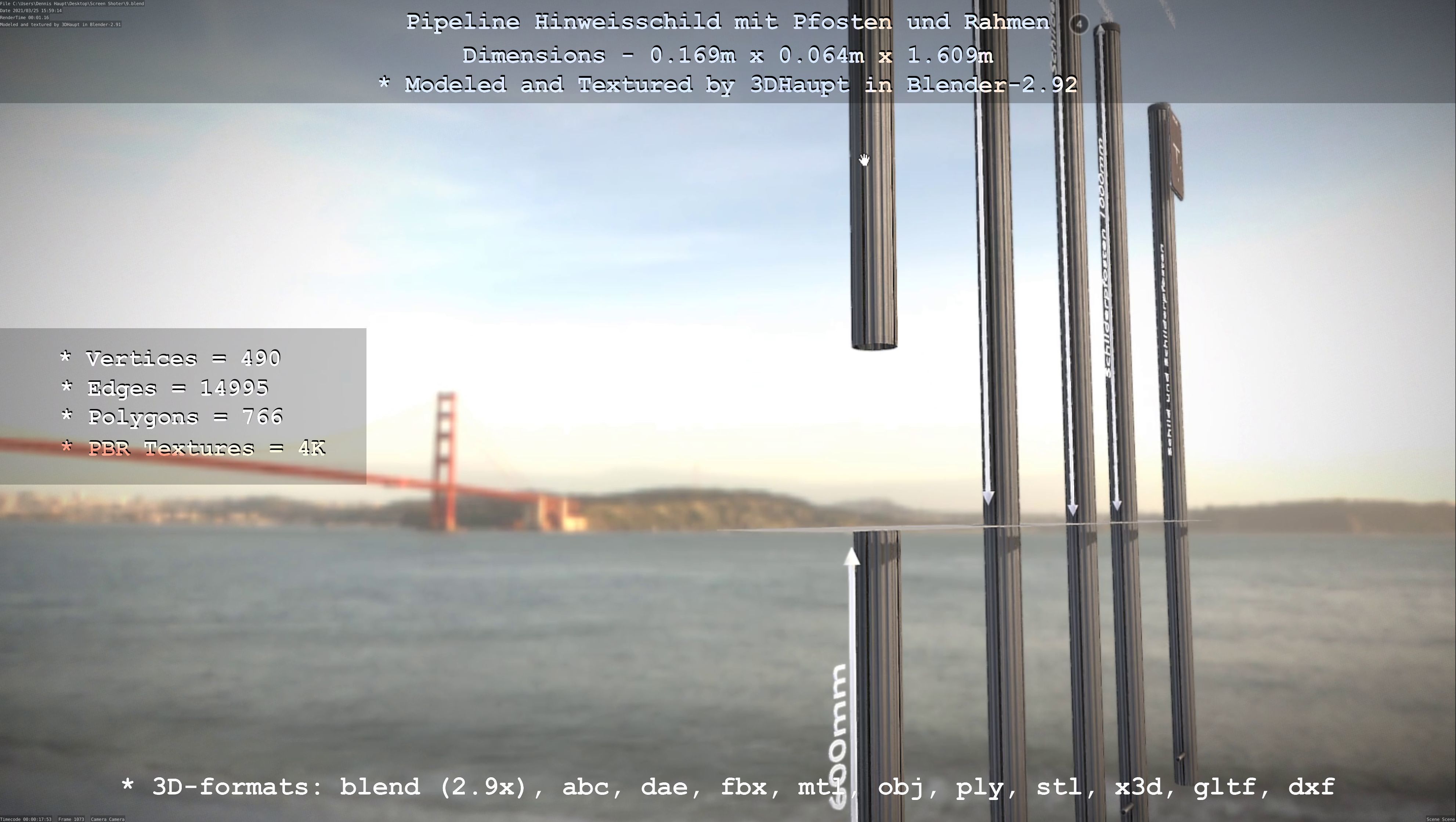 Hinweisschild Pipeline mit Pfosten und Rahmen Low-poly 3D model_132