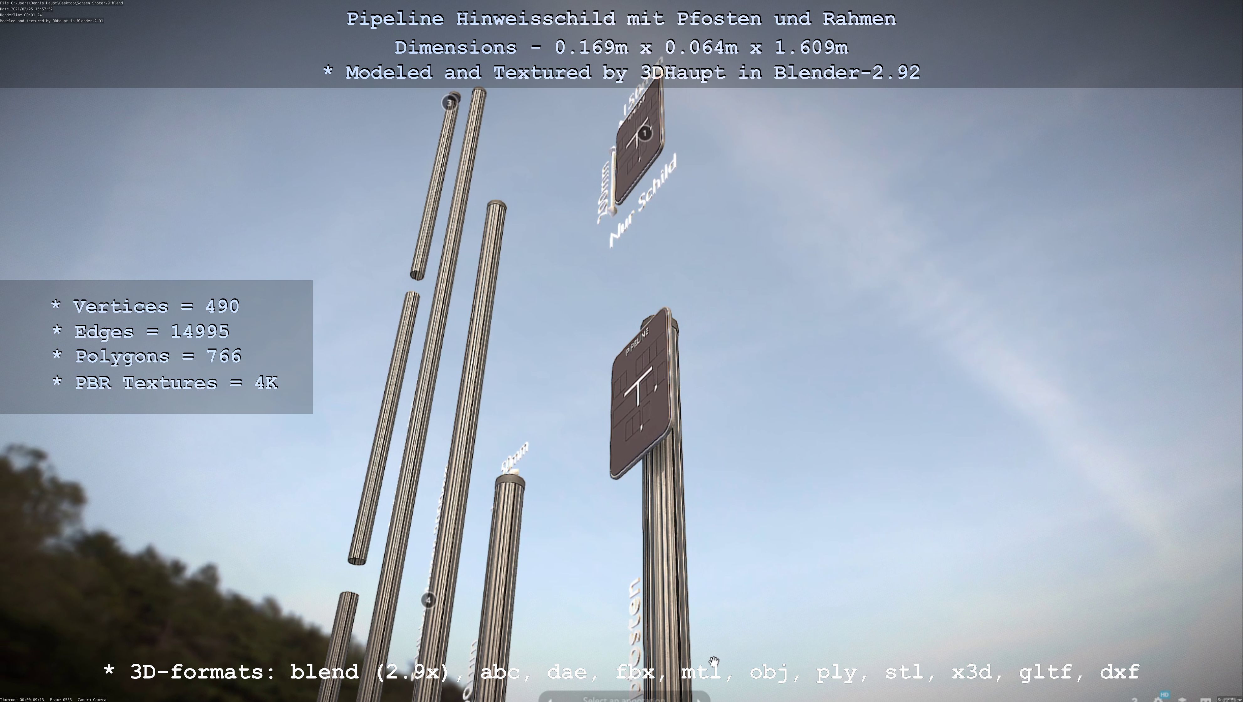 Hinweisschild Pipeline mit Pfosten und Rahmen Low-poly 3D model_92