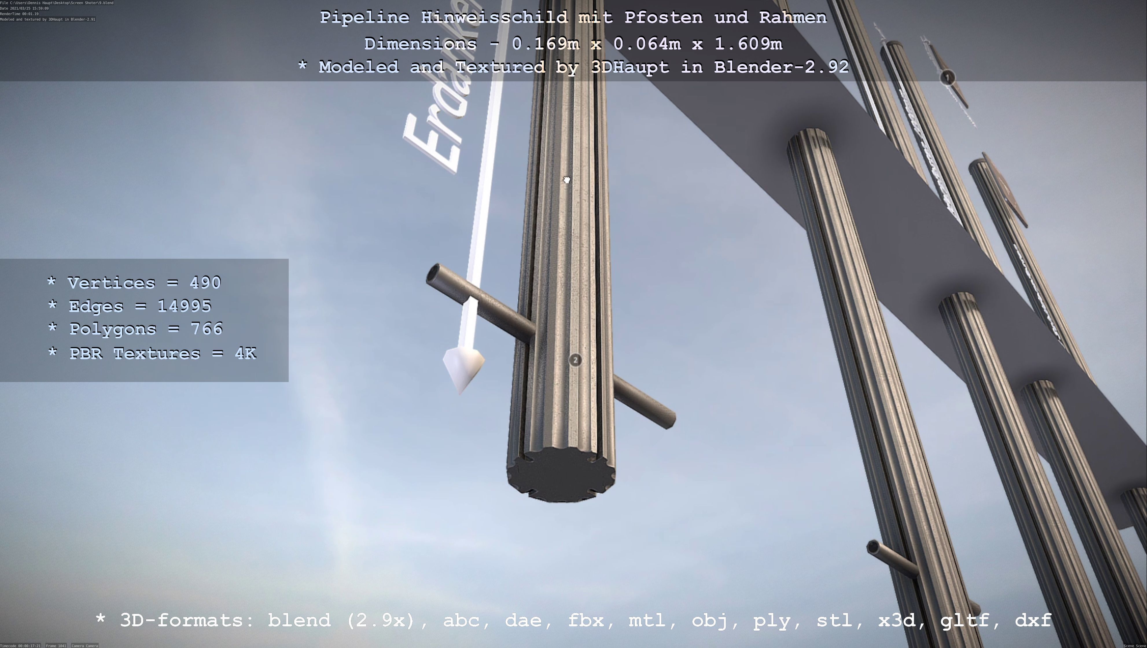 Hinweisschild Pipeline mit Pfosten und Rahmen Low-poly 3D model_129