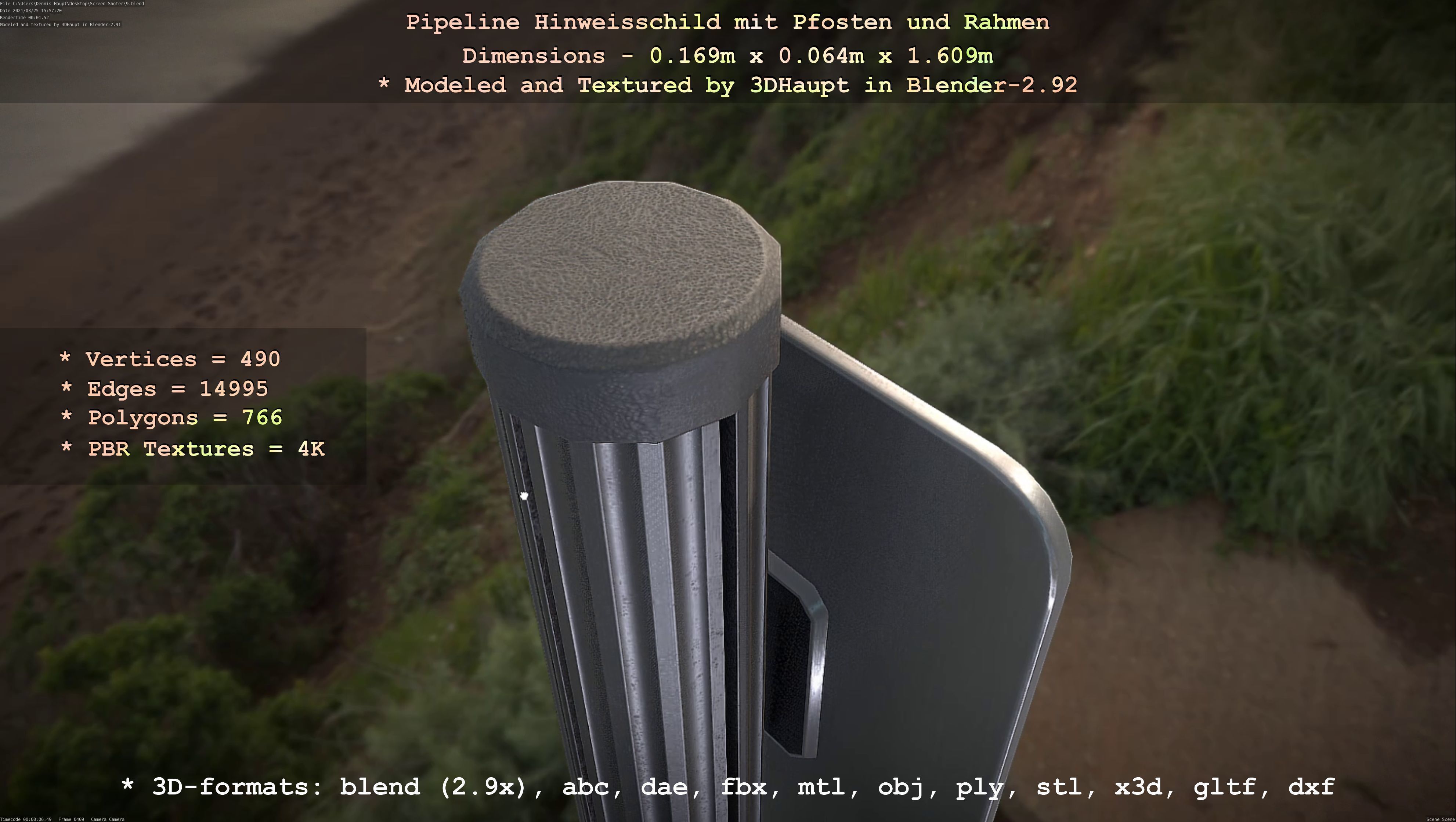 Hinweisschild Pipeline mit Pfosten und Rahmen Low-poly 3D model_83