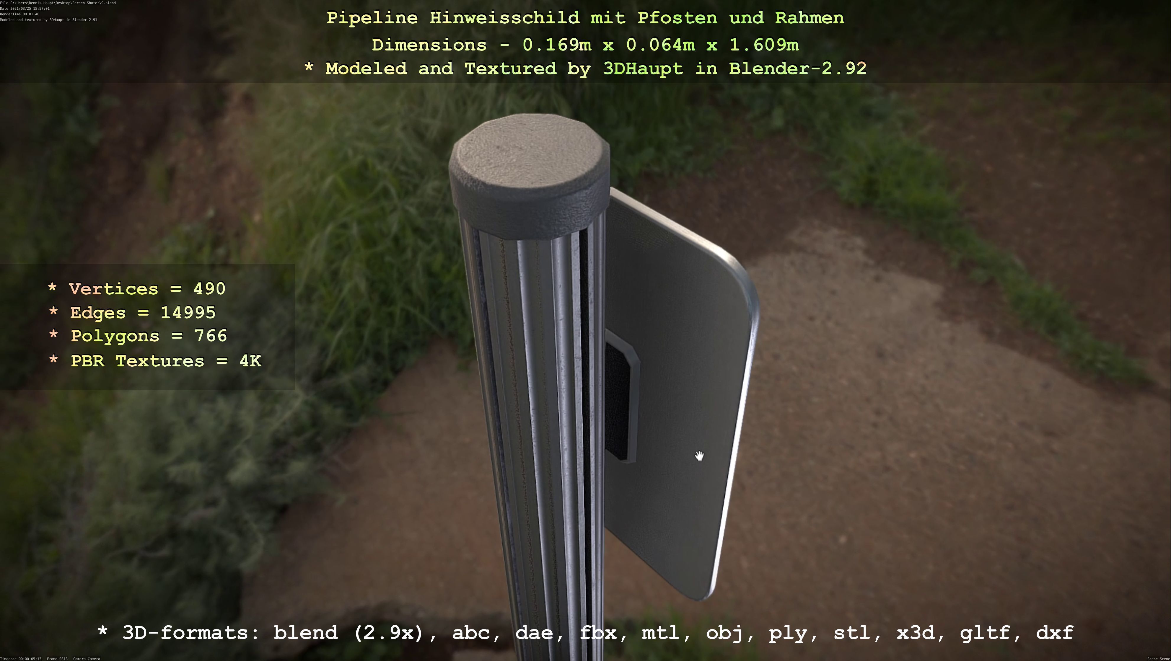 Hinweisschild Pipeline mit Pfosten und Rahmen Low-poly 3D model_78