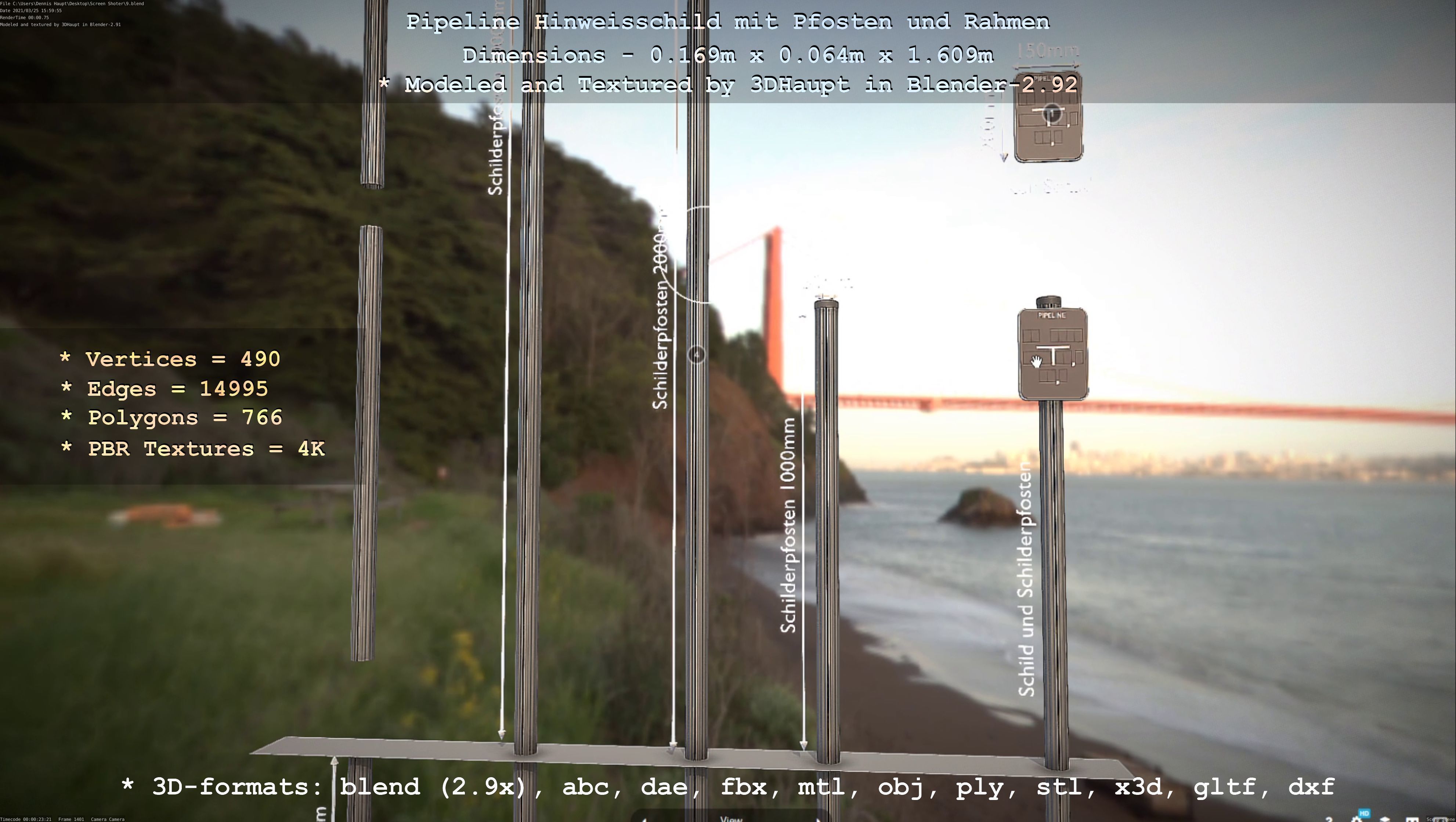 Hinweisschild Pipeline mit Pfosten und Rahmen Low-poly 3D model_47