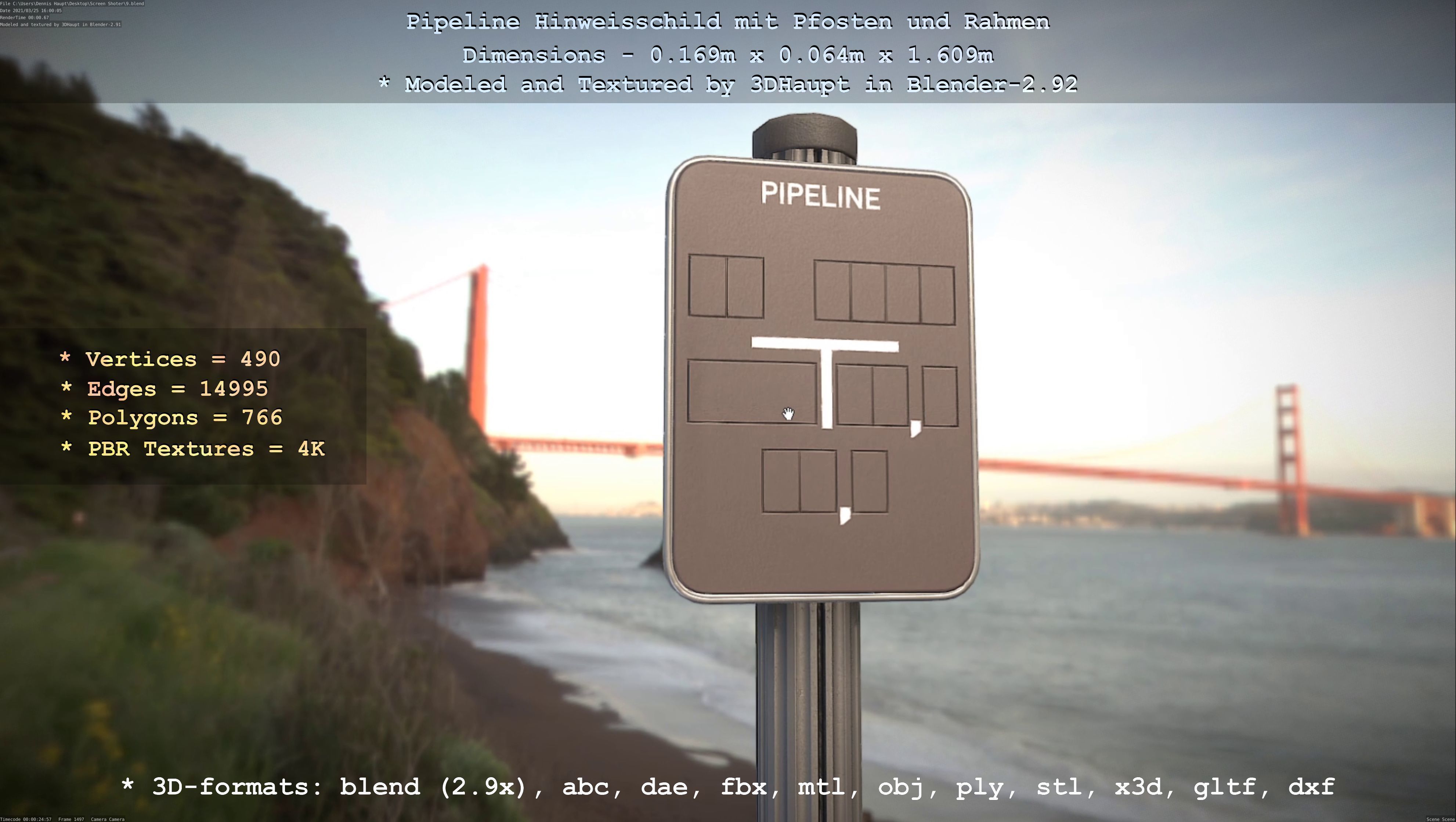 Hinweisschild Pipeline mit Pfosten und Rahmen Low-poly 3D model_39