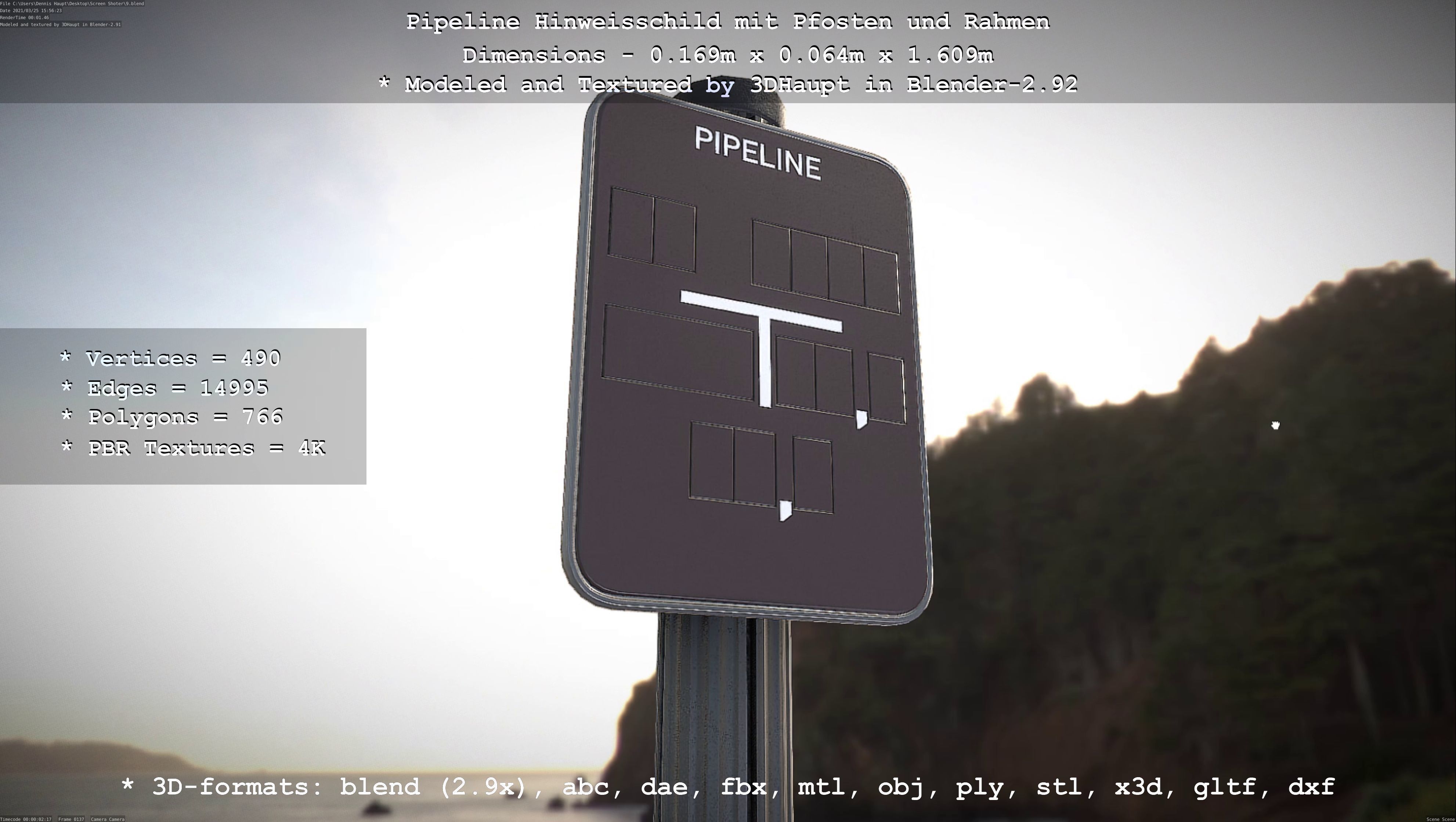 Hinweisschild Pipeline mit Pfosten und Rahmen Low-poly 3D model_67