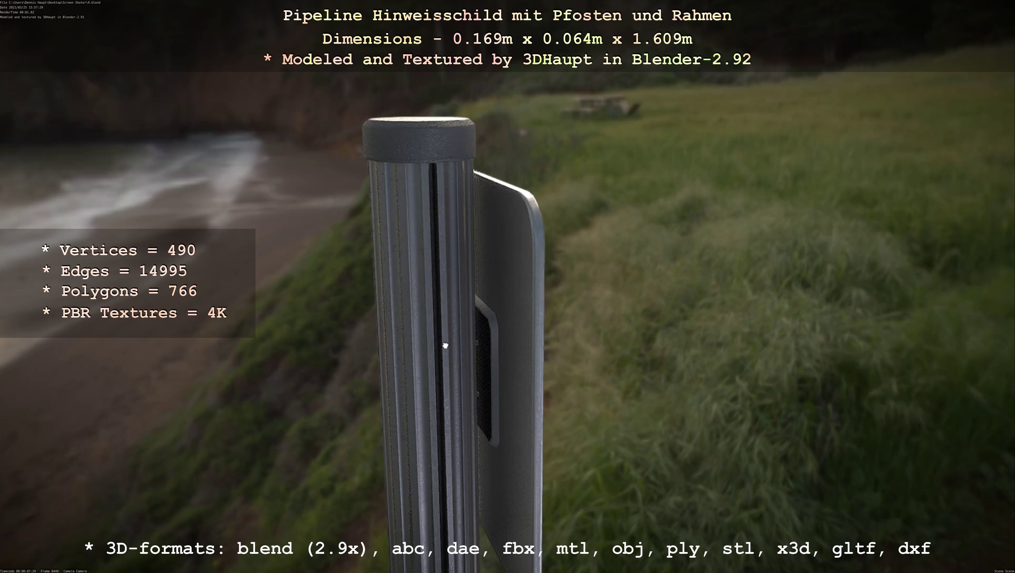 Hinweisschild Pipeline mit Pfosten und Rahmen Low-poly 3D model_31