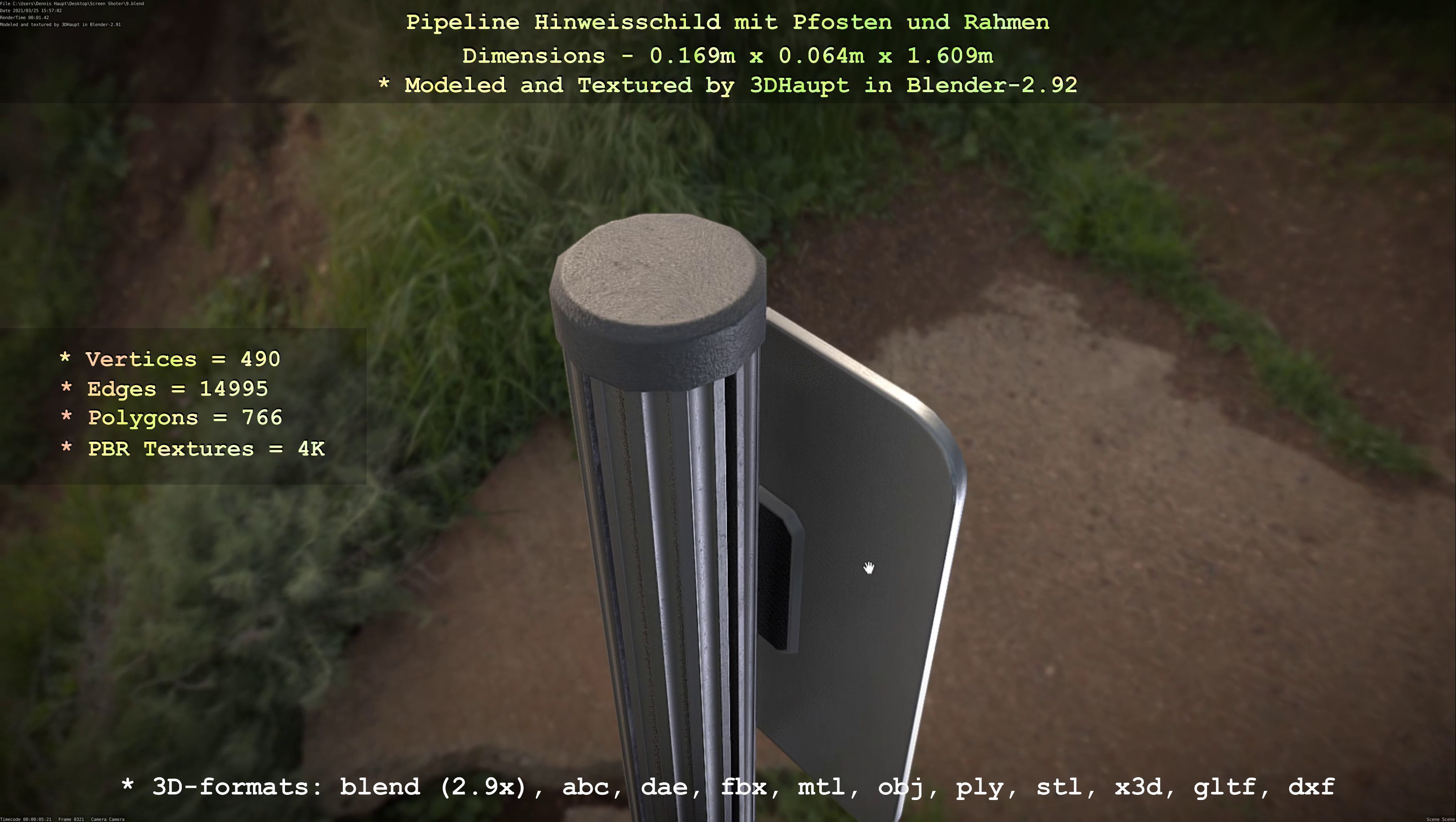 Hinweisschild Pipeline mit Pfosten und Rahmen Low-poly 3D model_79