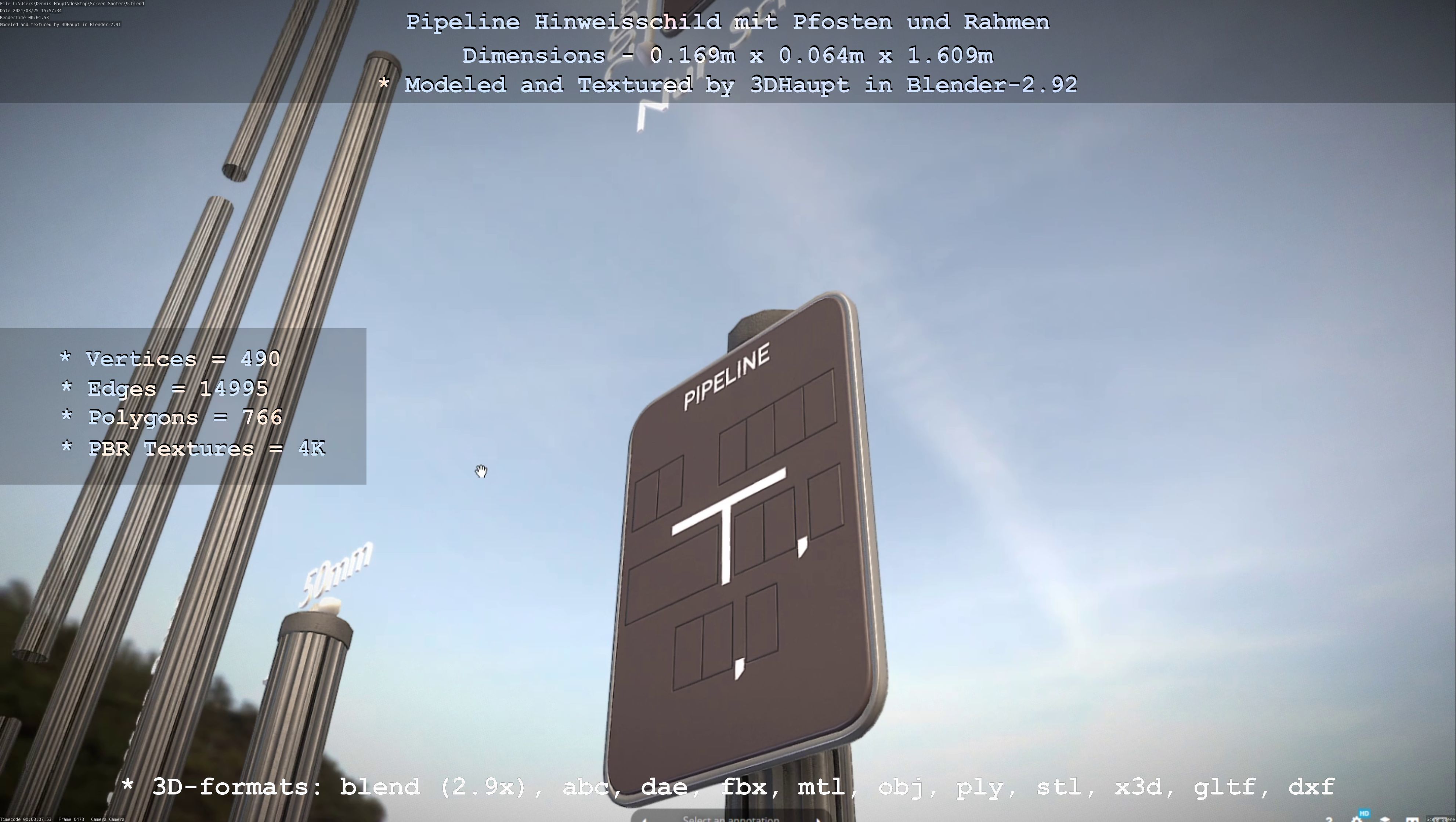 Hinweisschild Pipeline mit Pfosten und Rahmen Low-poly 3D model_33