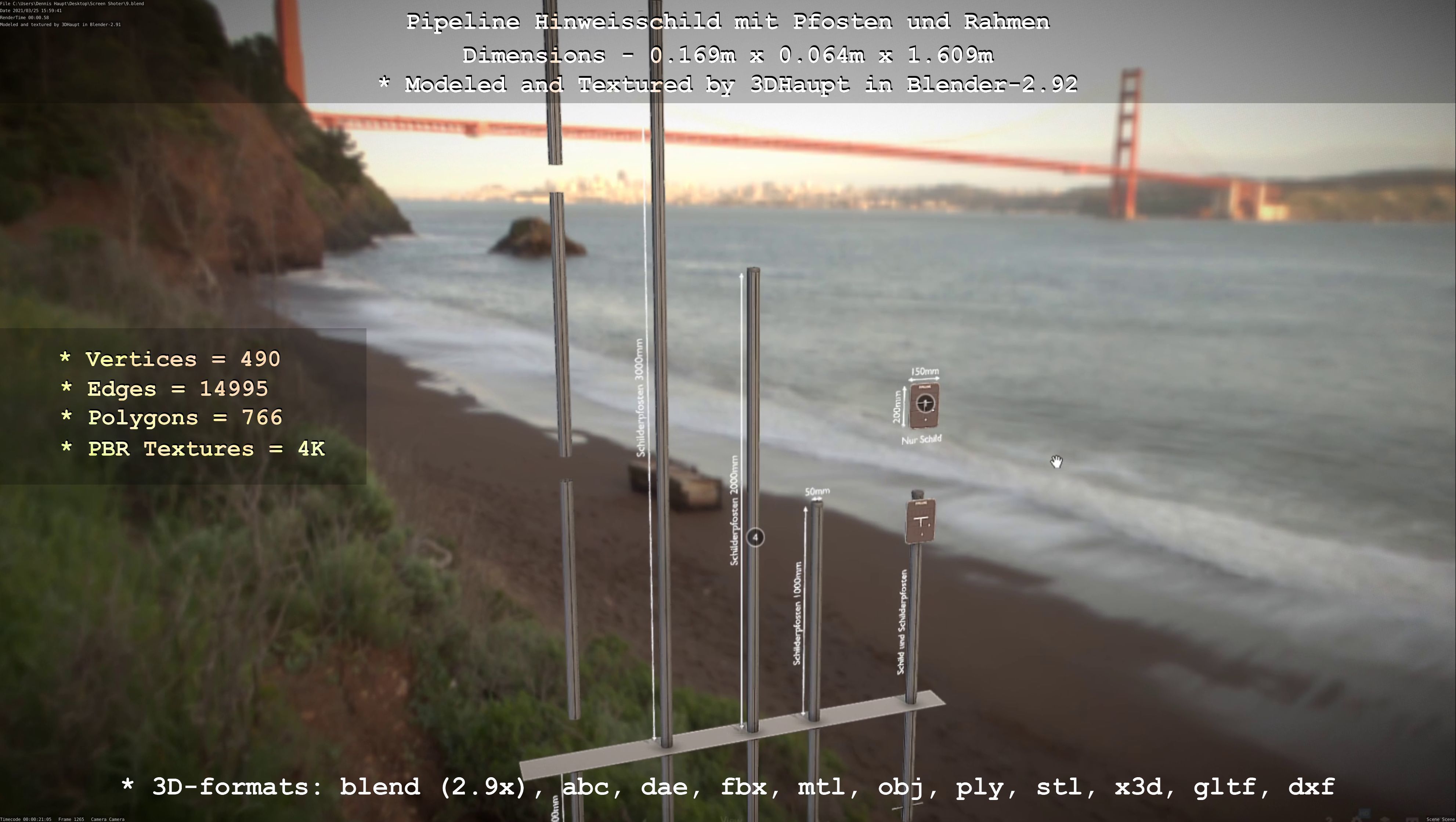 Hinweisschild Pipeline mit Pfosten und Rahmen Low-poly 3D model_145