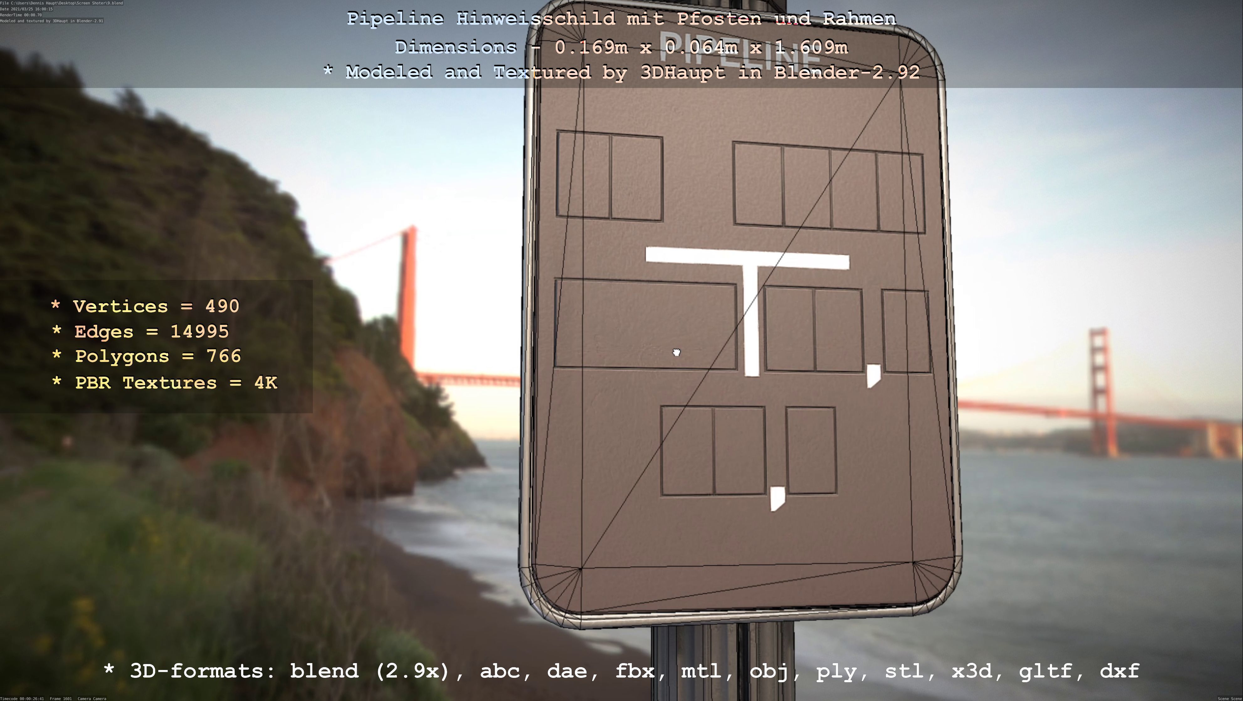 Hinweisschild Pipeline mit Pfosten und Rahmen Low-poly 3D model_2