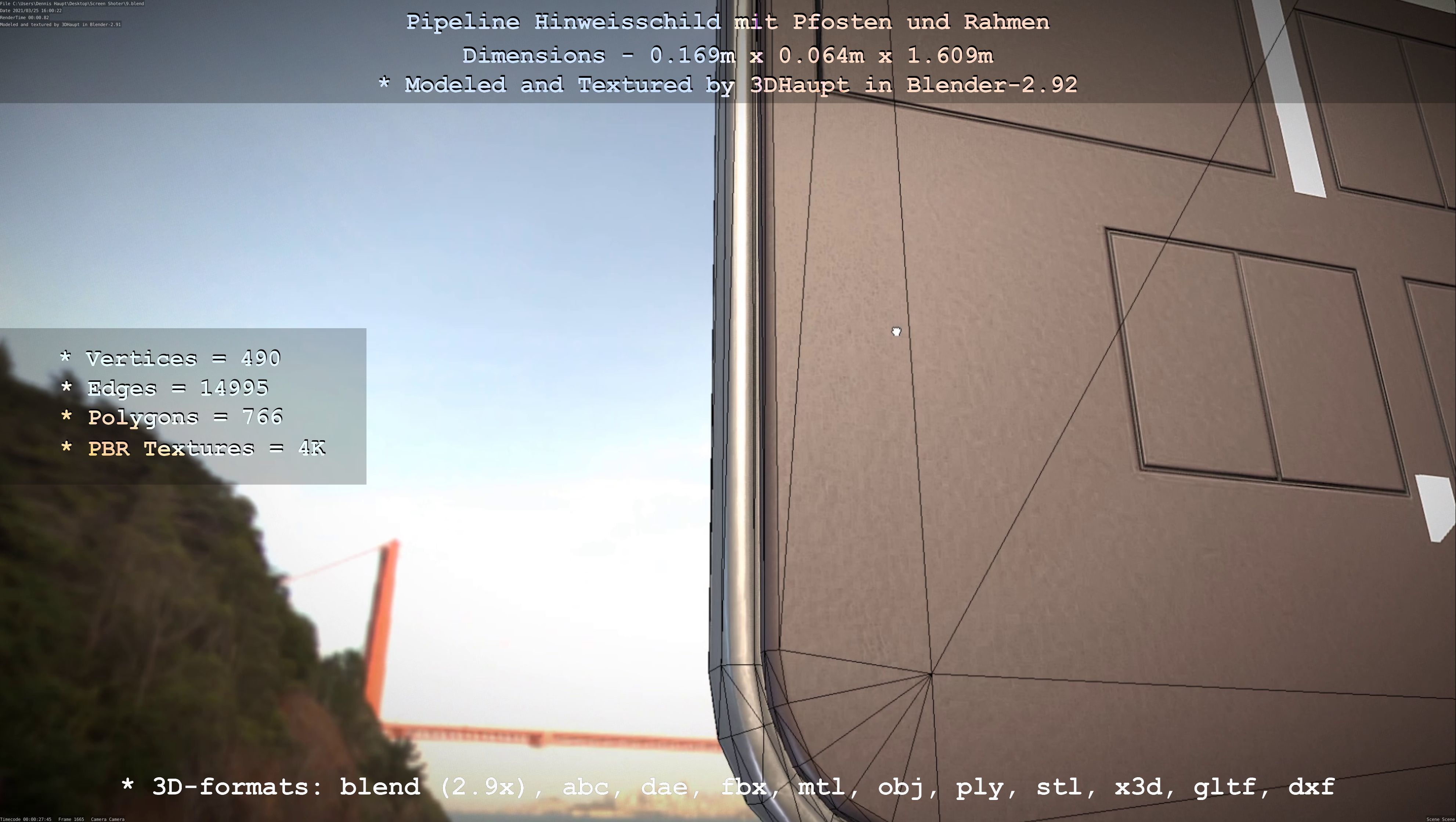 Hinweisschild Pipeline mit Pfosten und Rahmen Low-poly 3D model_35