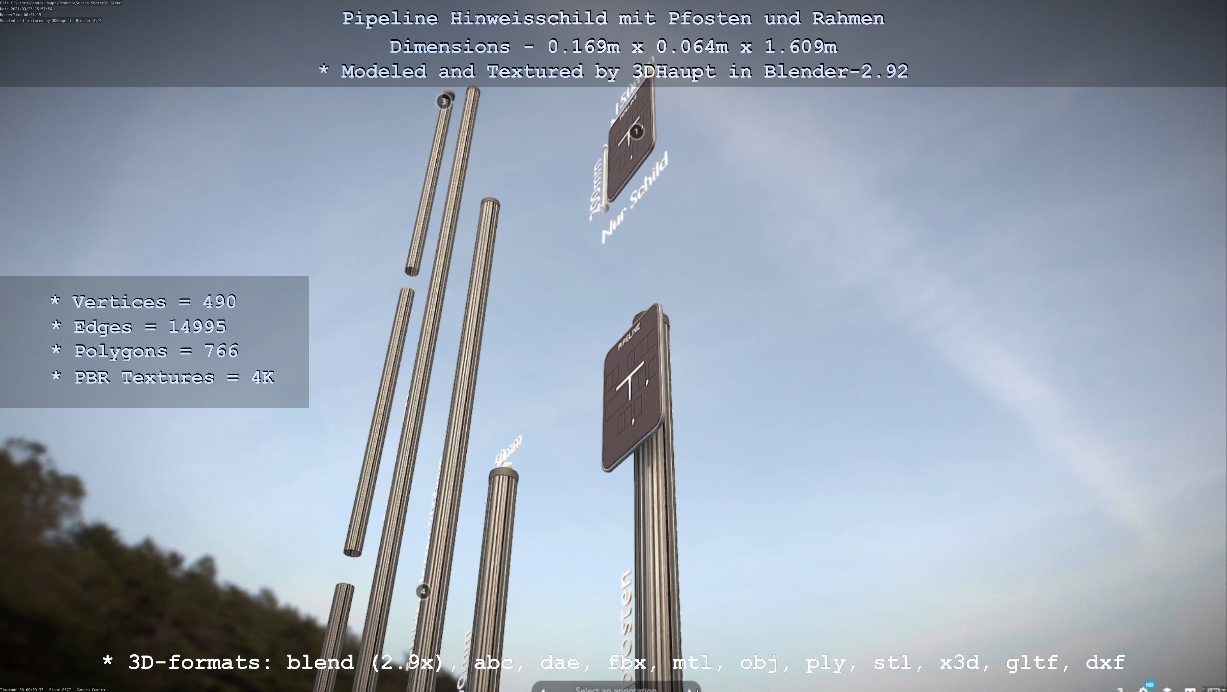 Hinweisschild Pipeline mit Pfosten und Rahmen Low-poly 3D model_95