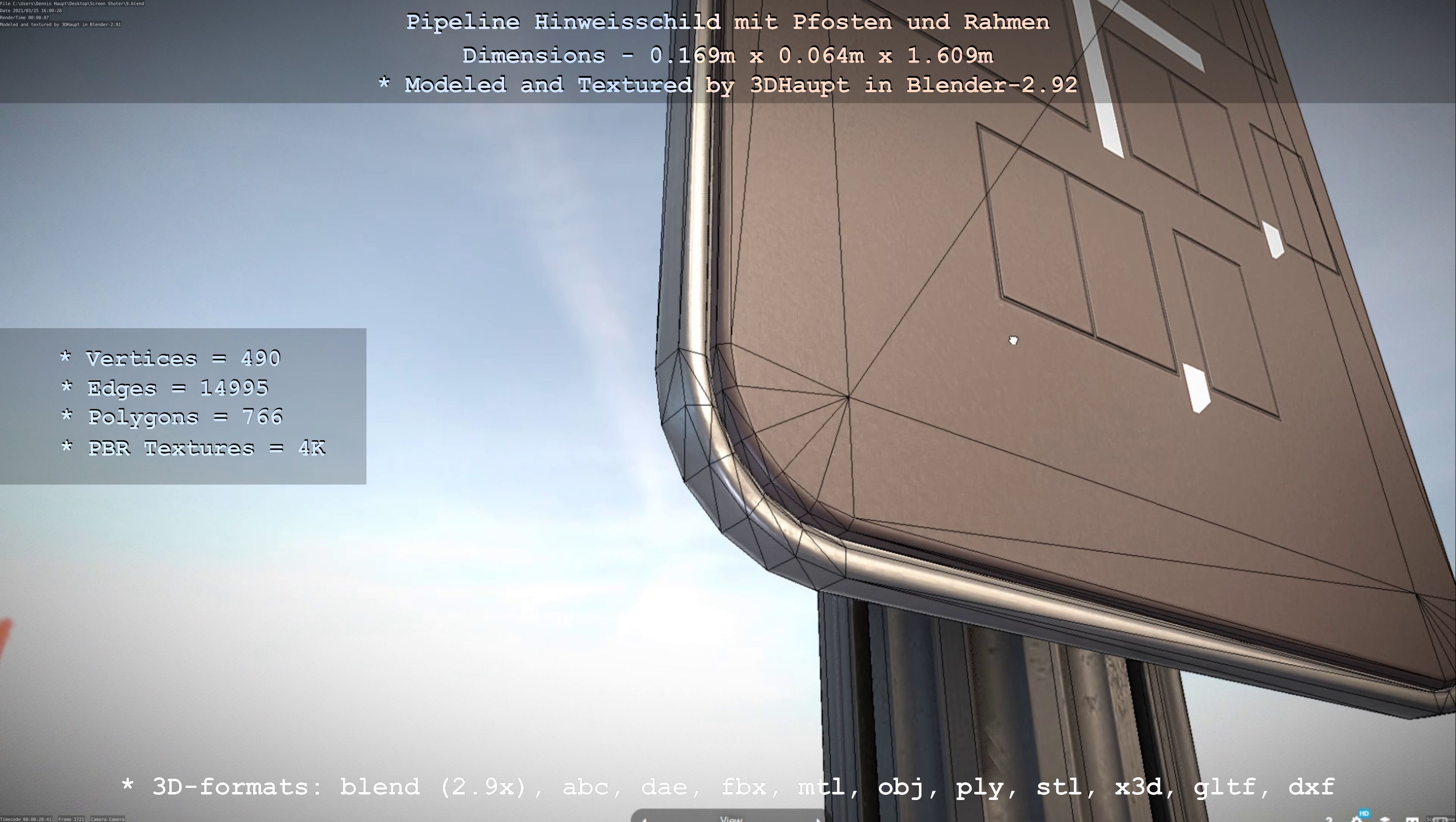 Hinweisschild Pipeline mit Pfosten und Rahmen Low-poly 3D model_42