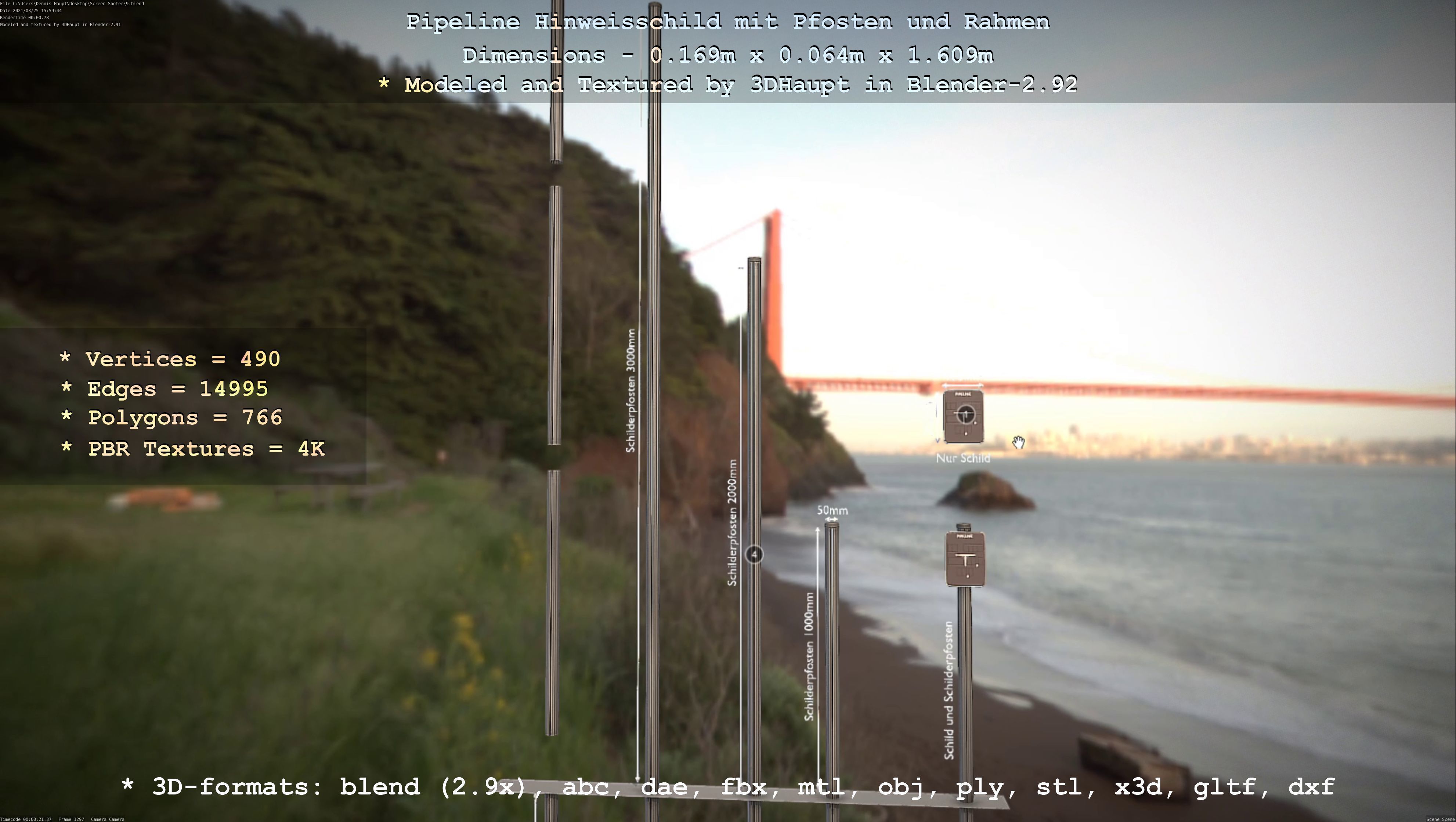 Hinweisschild Pipeline mit Pfosten und Rahmen Low-poly 3D model_69