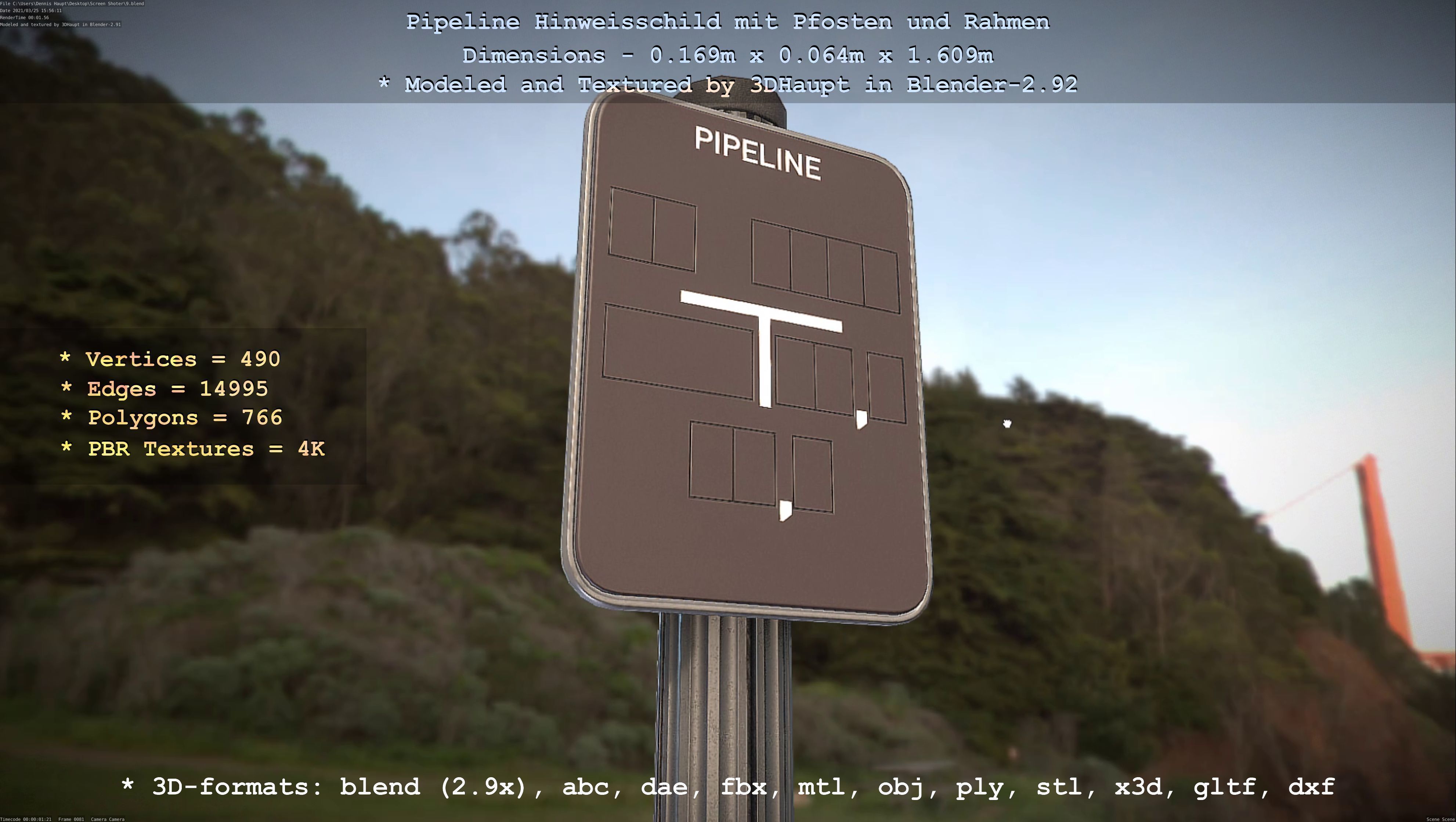 Hinweisschild Pipeline mit Pfosten und Rahmen Low-poly 3D model_19