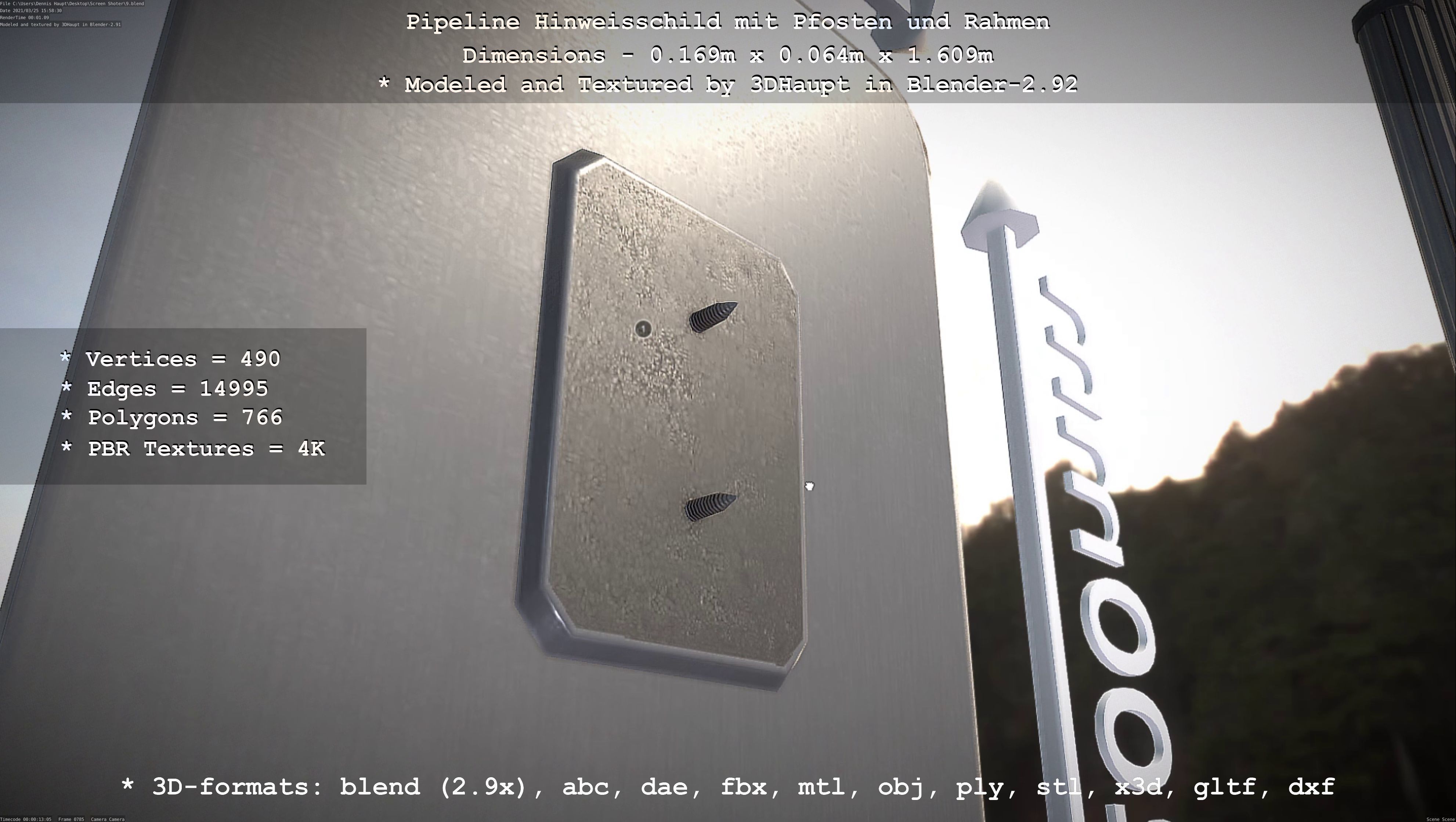 Hinweisschild Pipeline mit Pfosten und Rahmen Low-poly 3D model_108