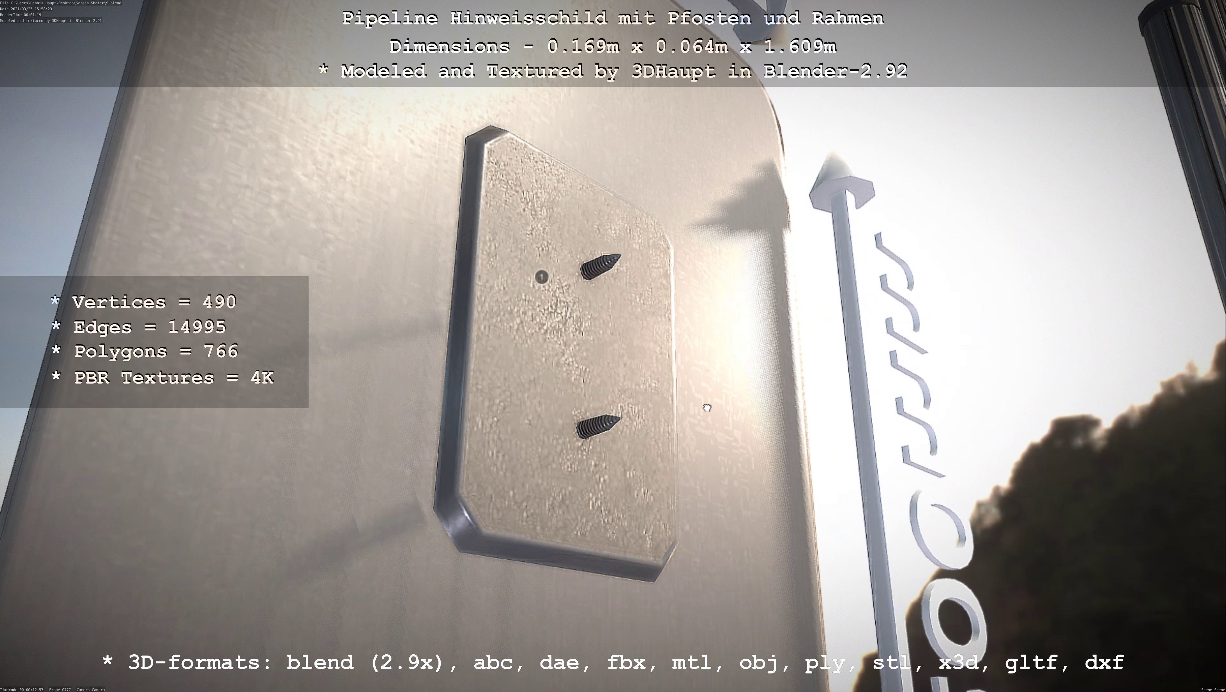 Hinweisschild Pipeline mit Pfosten und Rahmen Low-poly 3D model_36