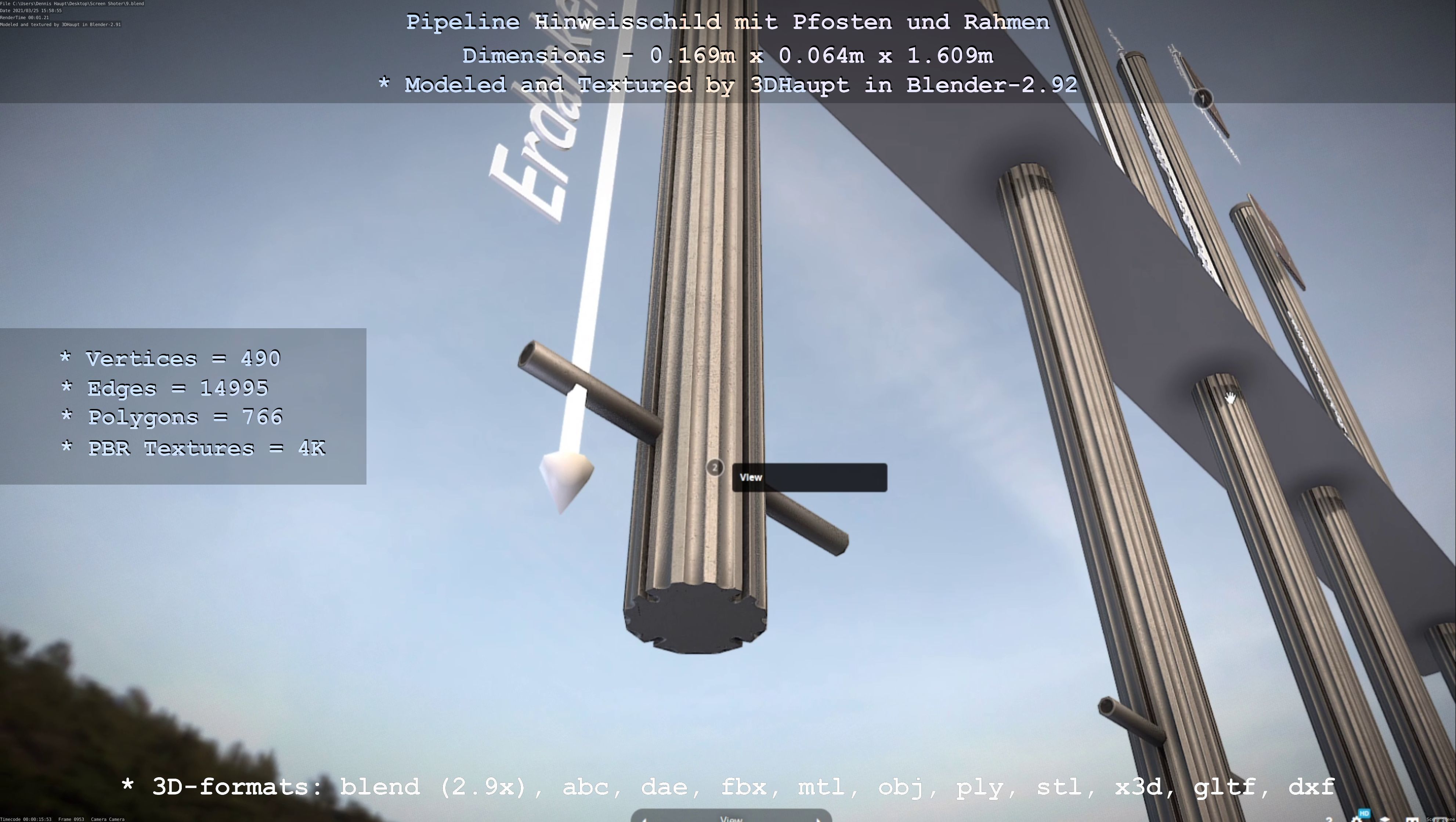 Hinweisschild Pipeline mit Pfosten und Rahmen Low-poly 3D model_125