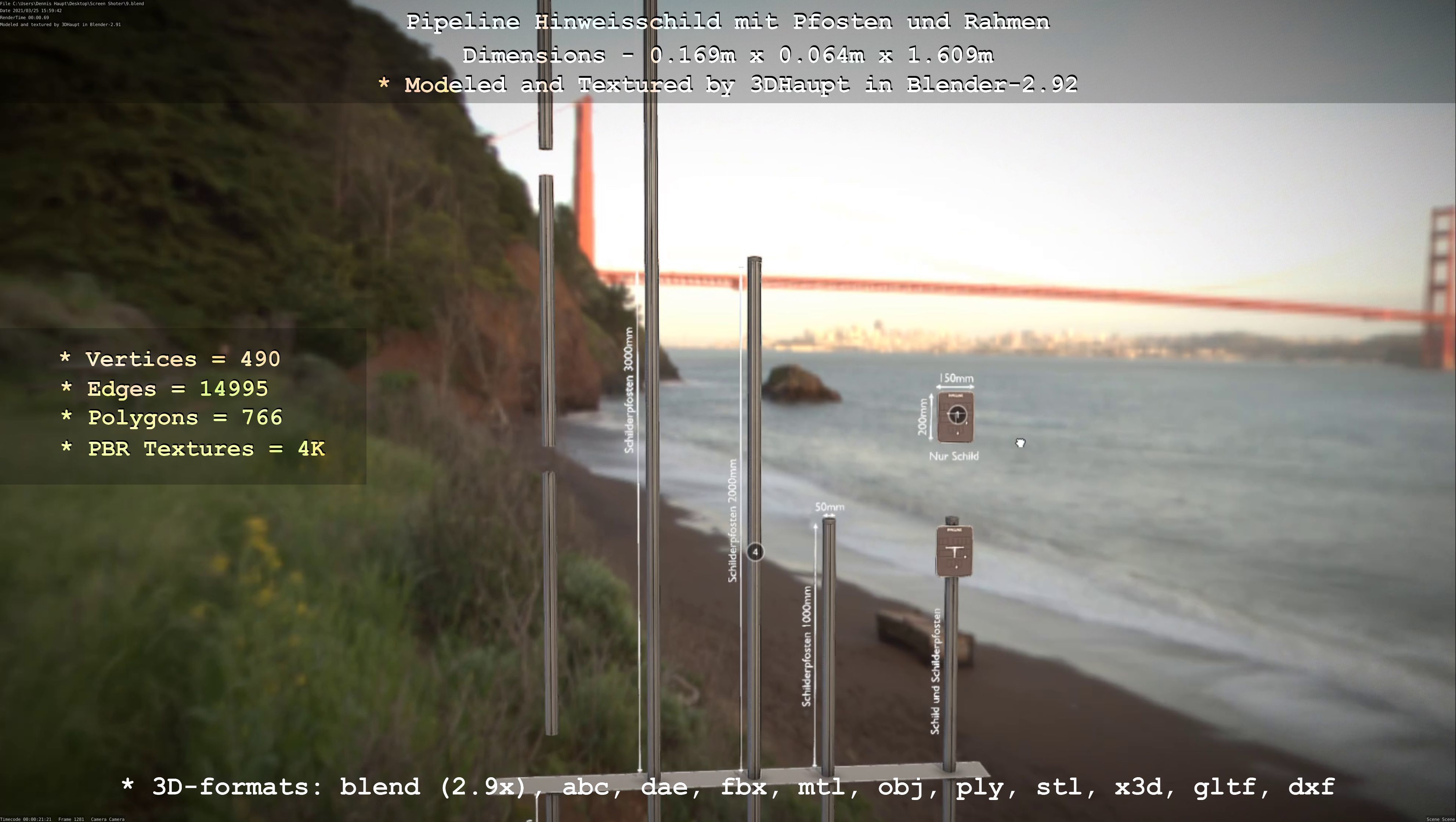 Hinweisschild Pipeline mit Pfosten und Rahmen Low-poly 3D model_46