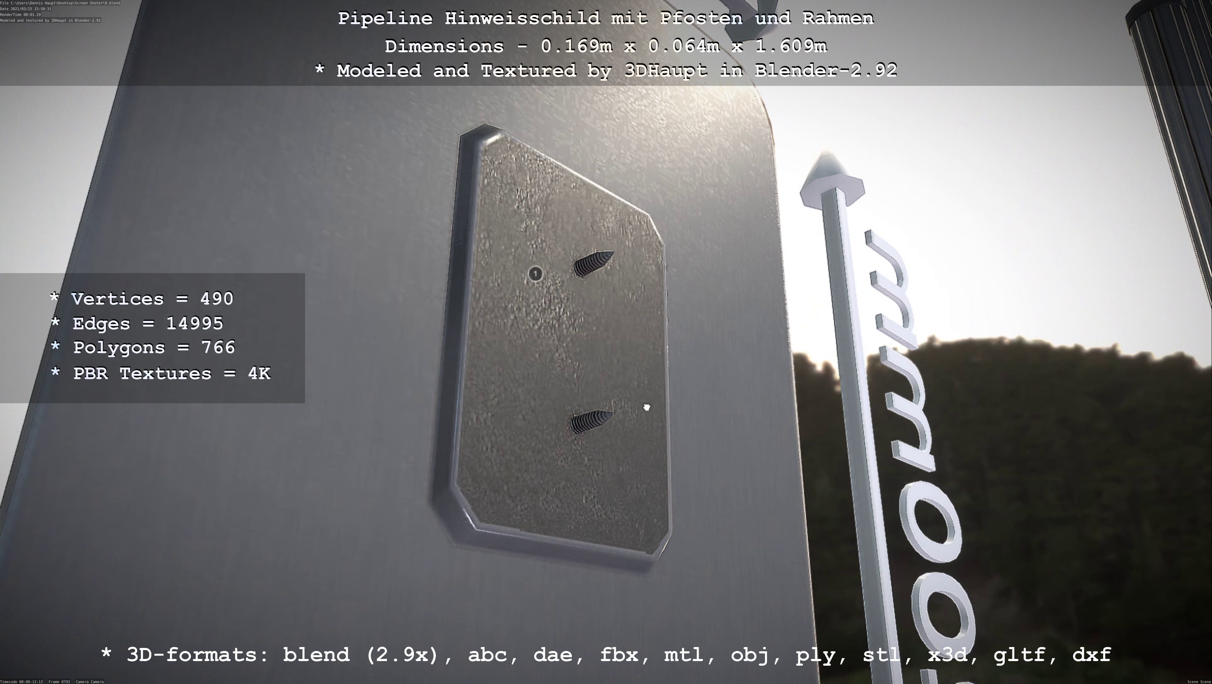 Hinweisschild Pipeline mit Pfosten und Rahmen Low-poly 3D model_109