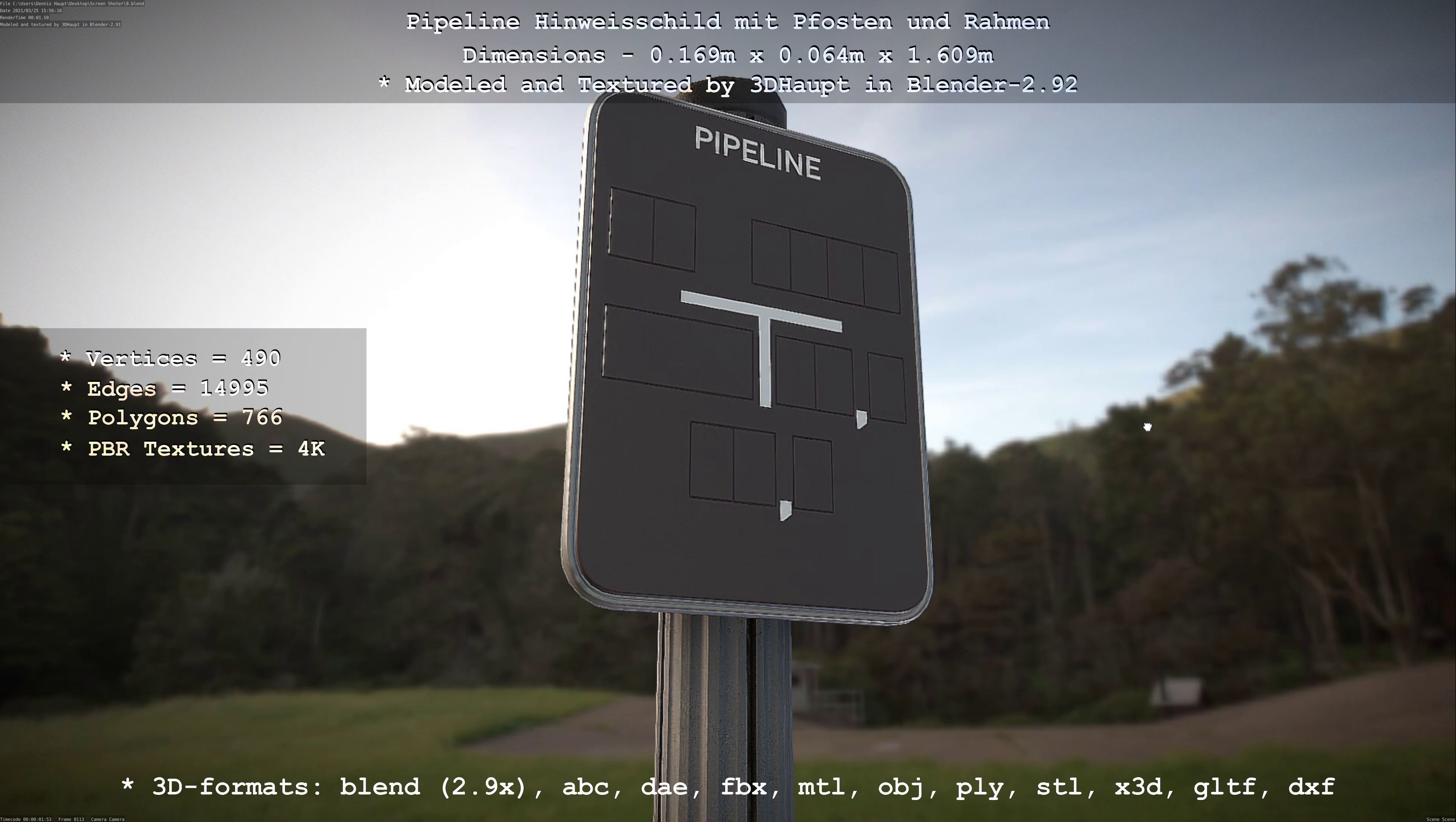Hinweisschild Pipeline mit Pfosten und Rahmen Low-poly 3D model_64