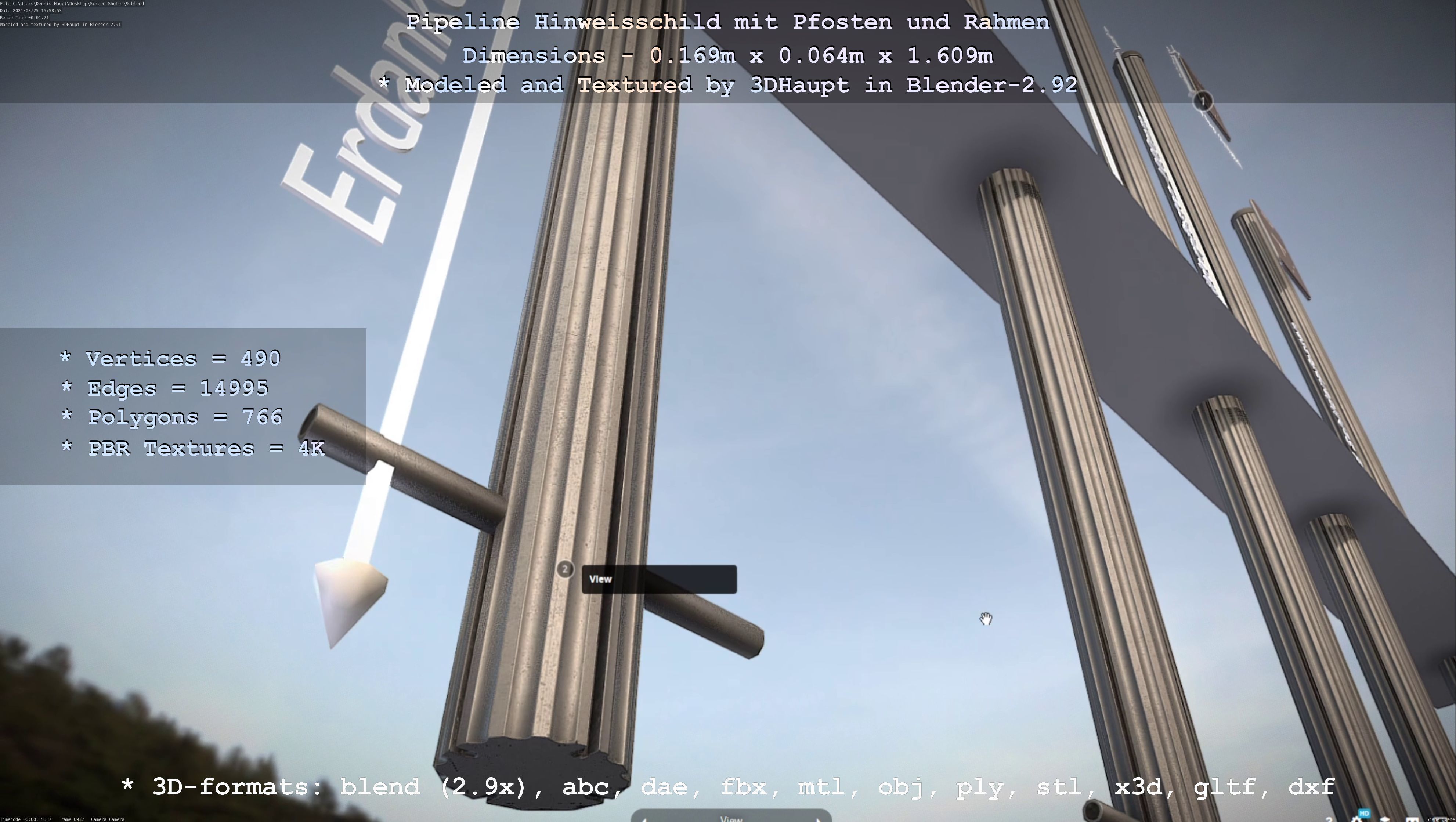 Hinweisschild Pipeline mit Pfosten und Rahmen Low-poly 3D model_122