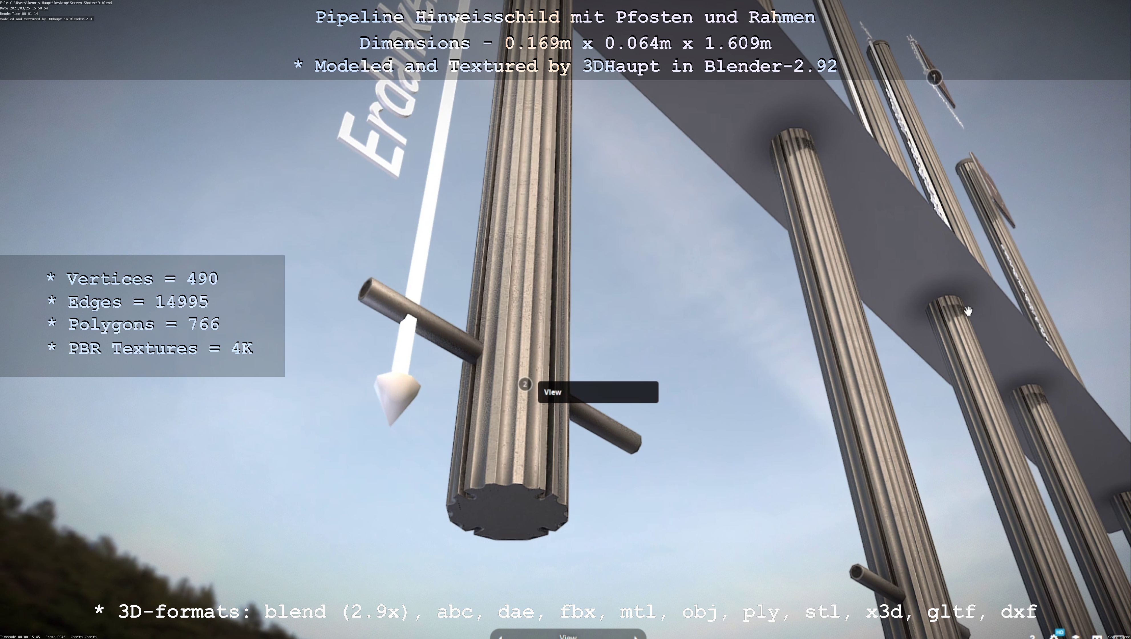 Hinweisschild Pipeline mit Pfosten und Rahmen Low-poly 3D model_123