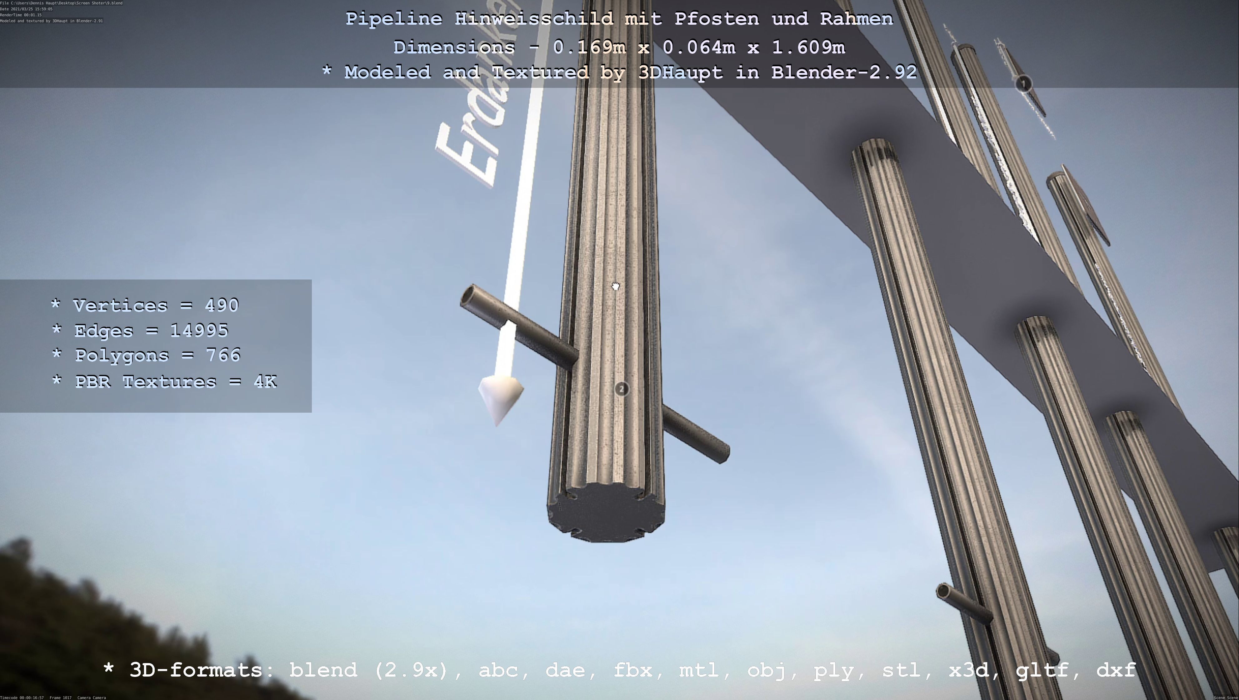 Hinweisschild Pipeline mit Pfosten und Rahmen Low-poly 3D model_37