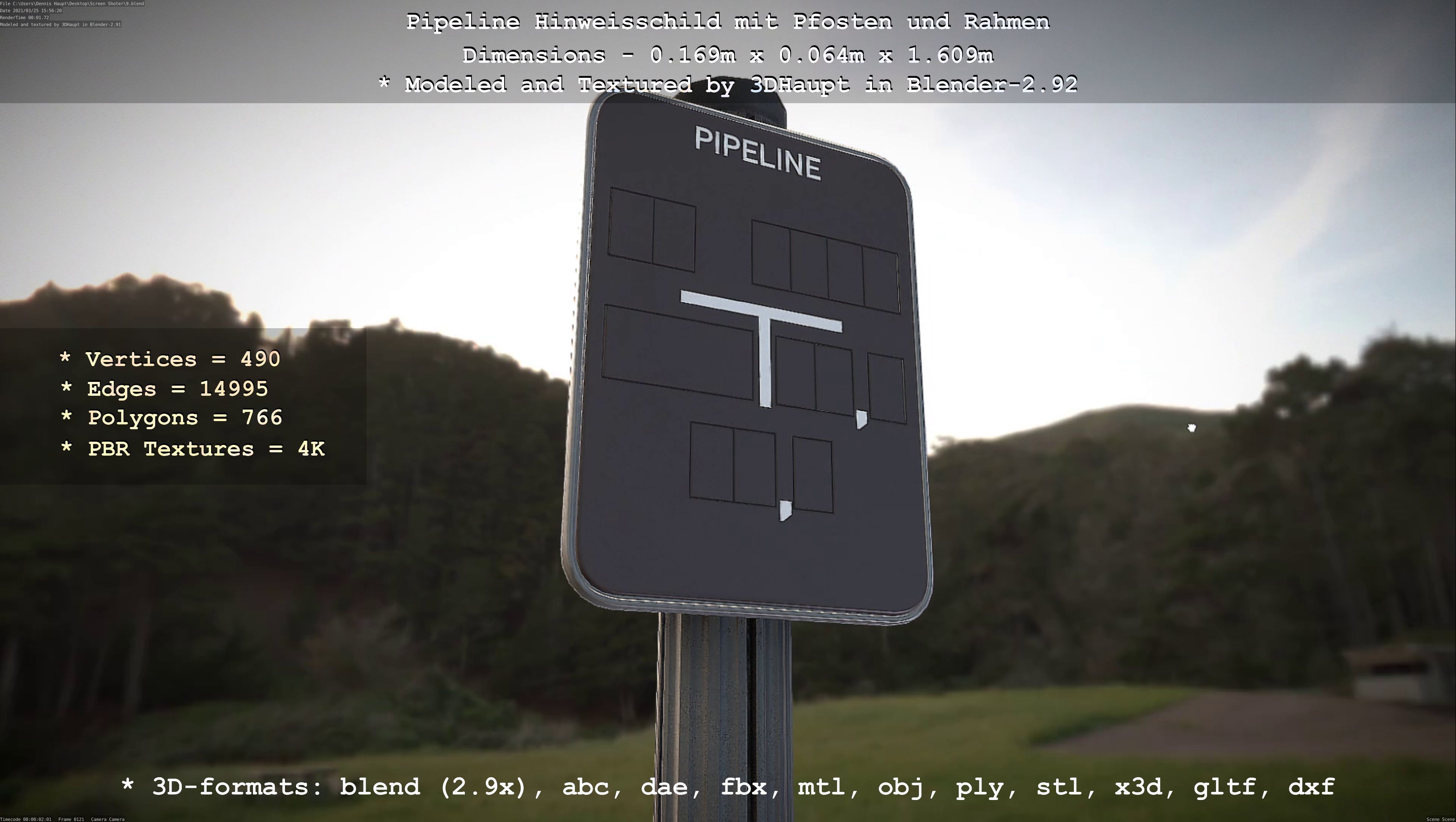 Hinweisschild Pipeline mit Pfosten und Rahmen Low-poly 3D model_65