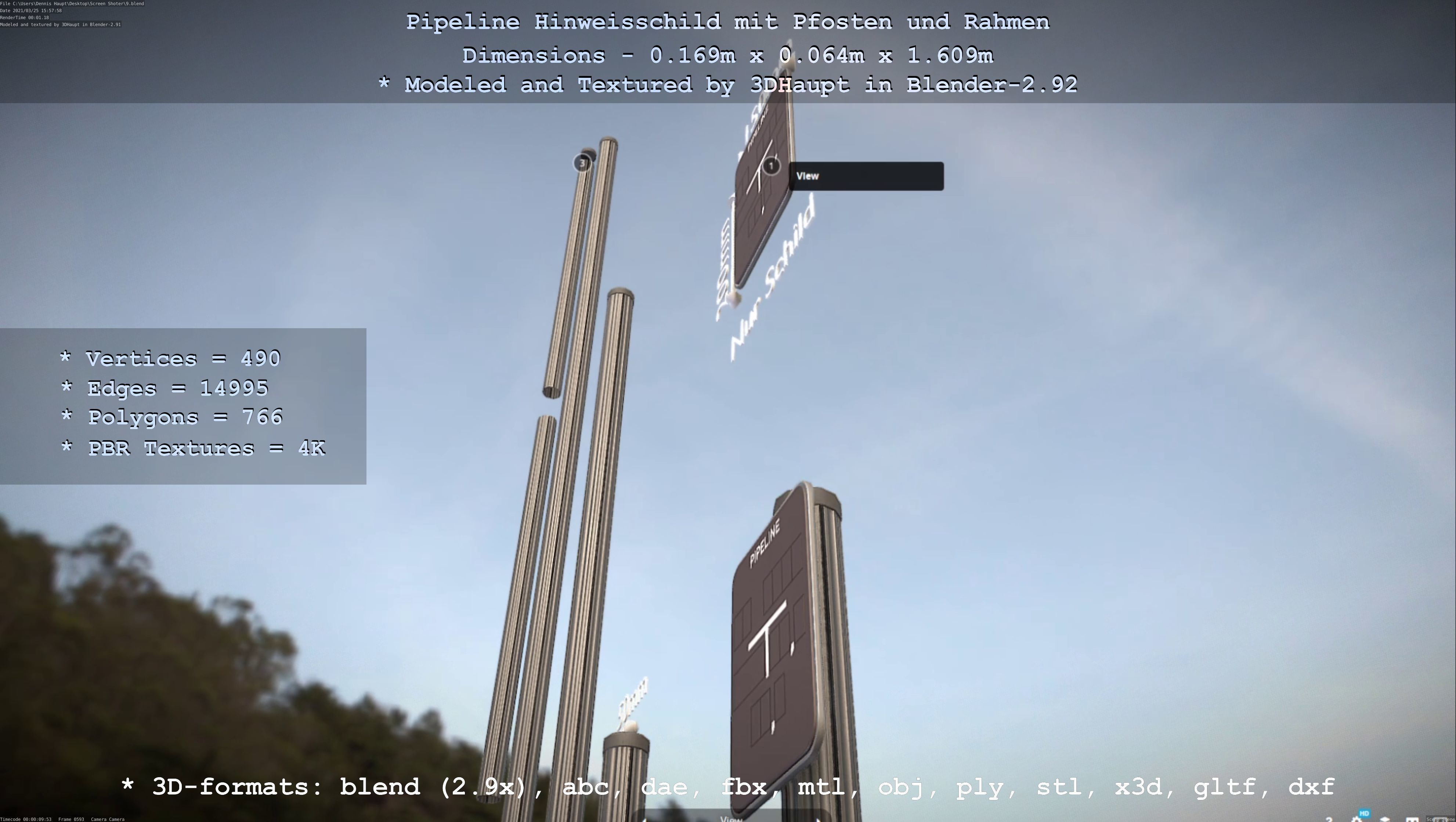 Hinweisschild Pipeline mit Pfosten und Rahmen Low-poly 3D model_97