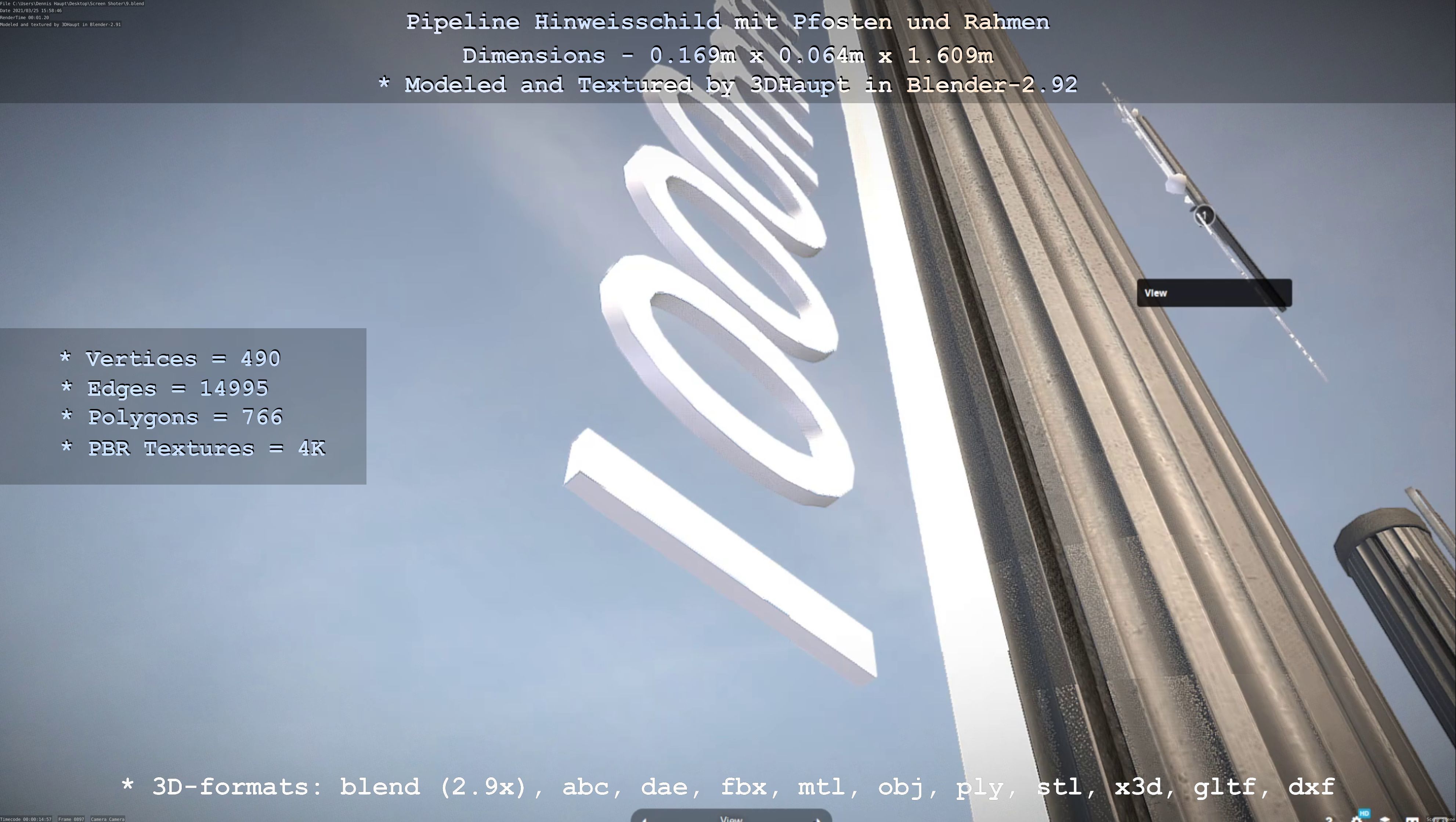 Hinweisschild Pipeline mit Pfosten und Rahmen Low-poly 3D model_117