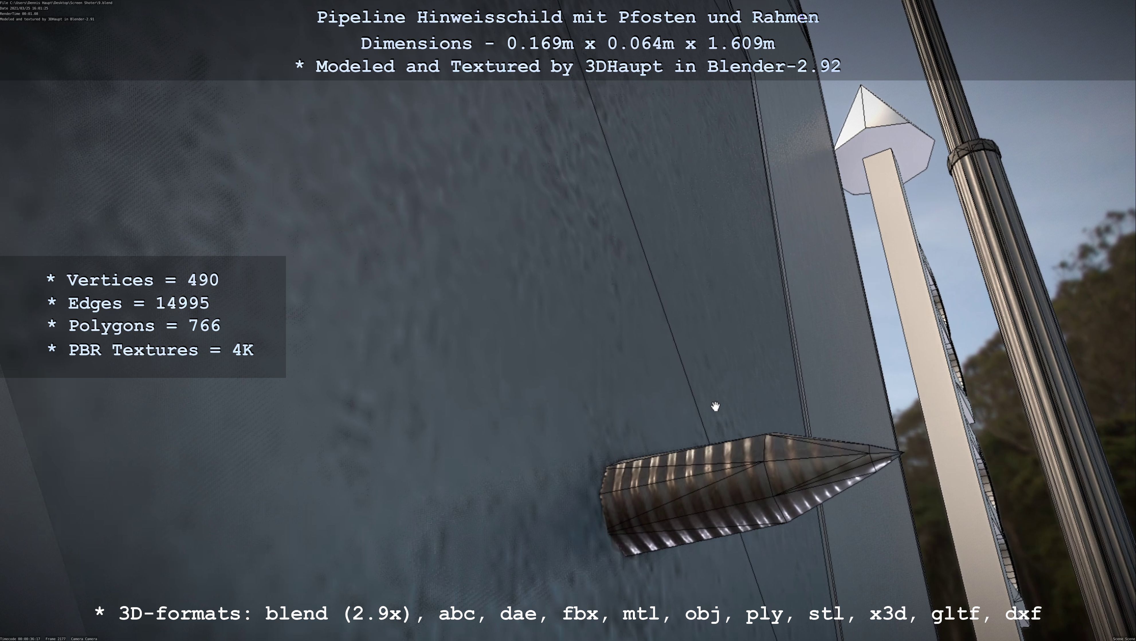 Hinweisschild Pipeline mit Pfosten und Rahmen Low-poly 3D model_8