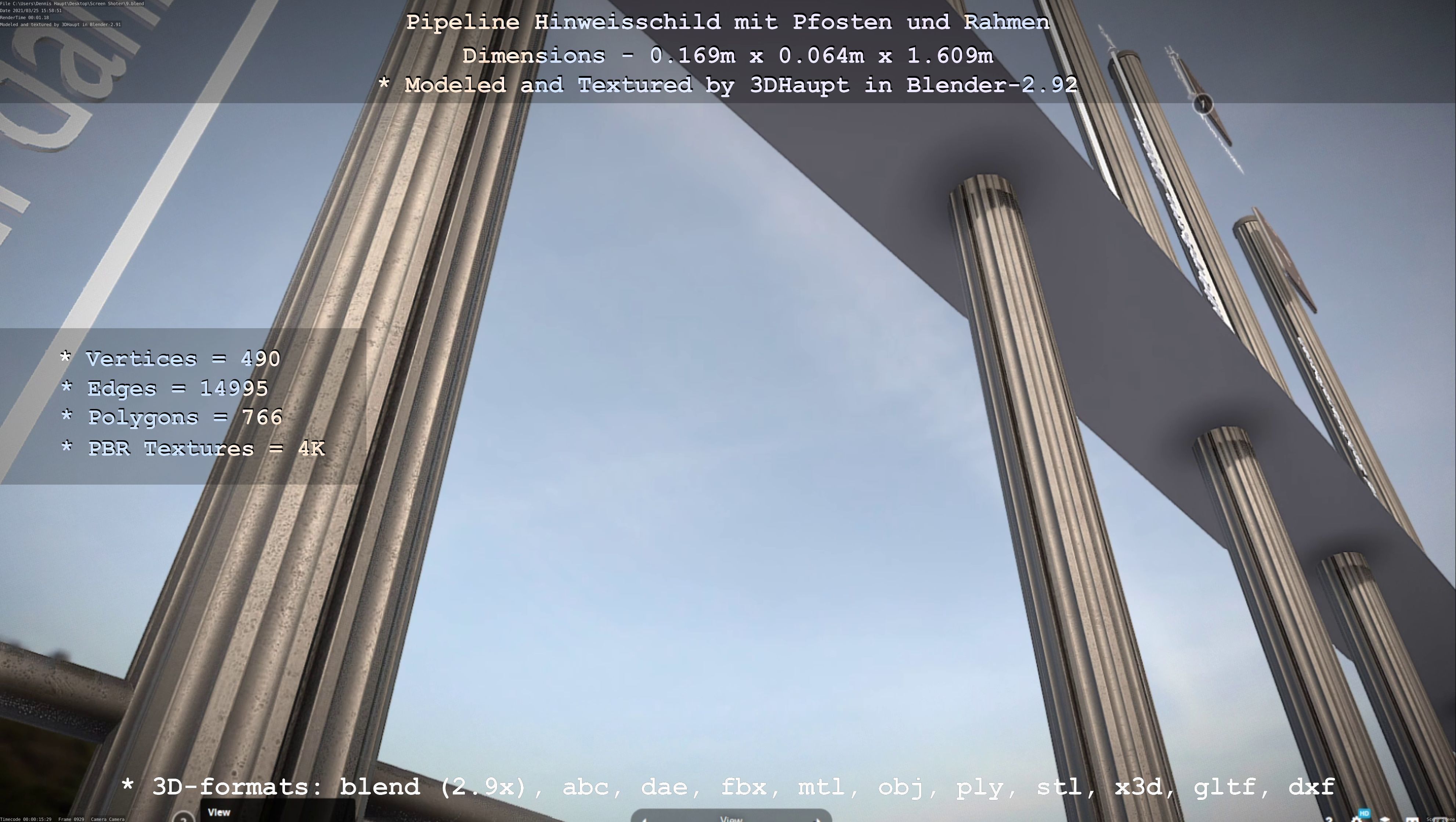 Hinweisschild Pipeline mit Pfosten und Rahmen Low-poly 3D model_121