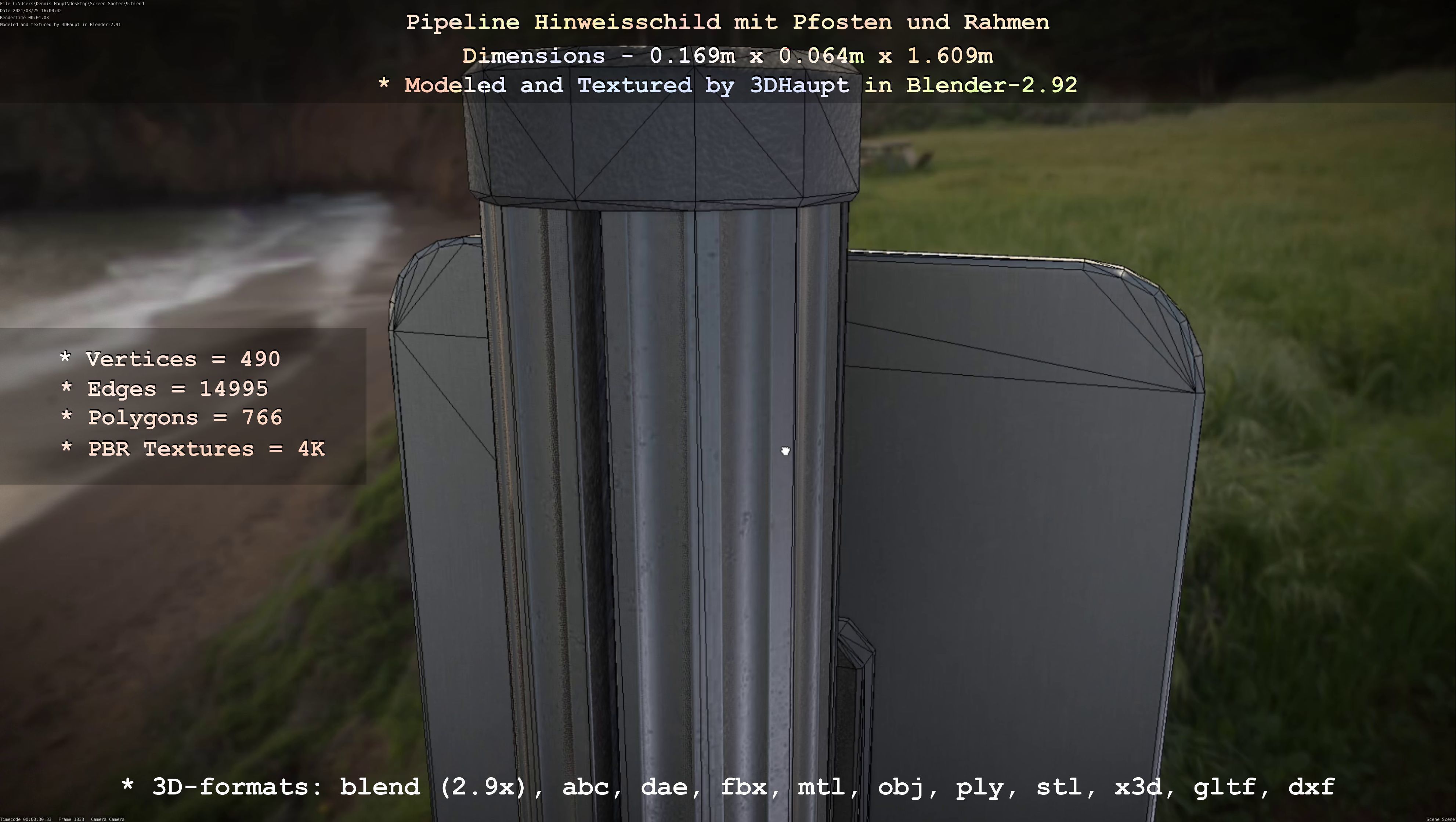 Hinweisschild Pipeline mit Pfosten und Rahmen Low-poly 3D model_62