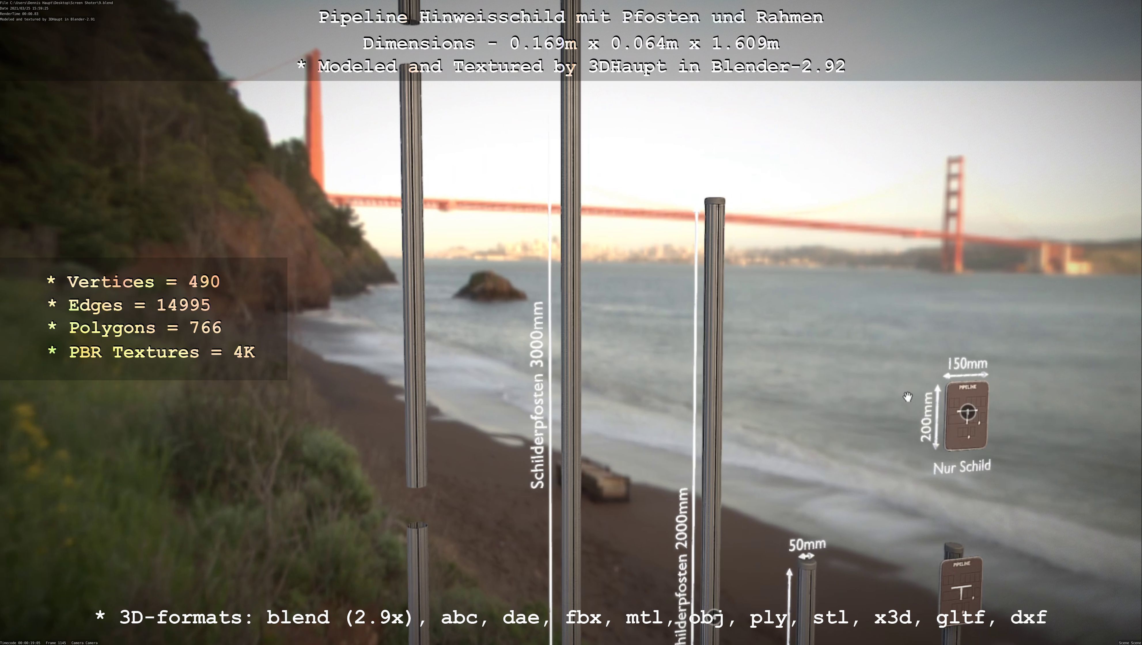 Hinweisschild Pipeline mit Pfosten und Rahmen Low-poly 3D model_136