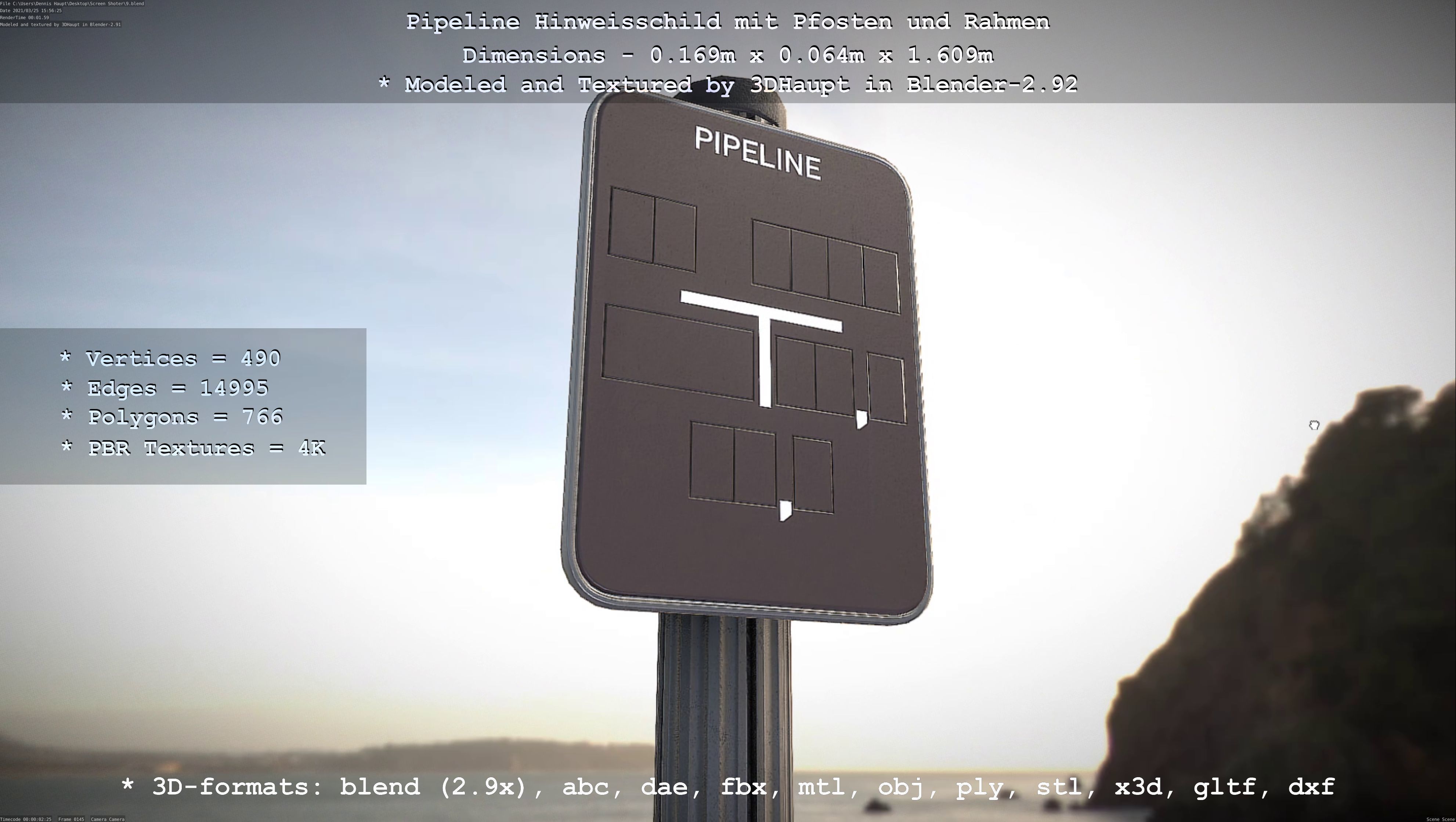 Hinweisschild Pipeline mit Pfosten und Rahmen Low-poly 3D model_68
