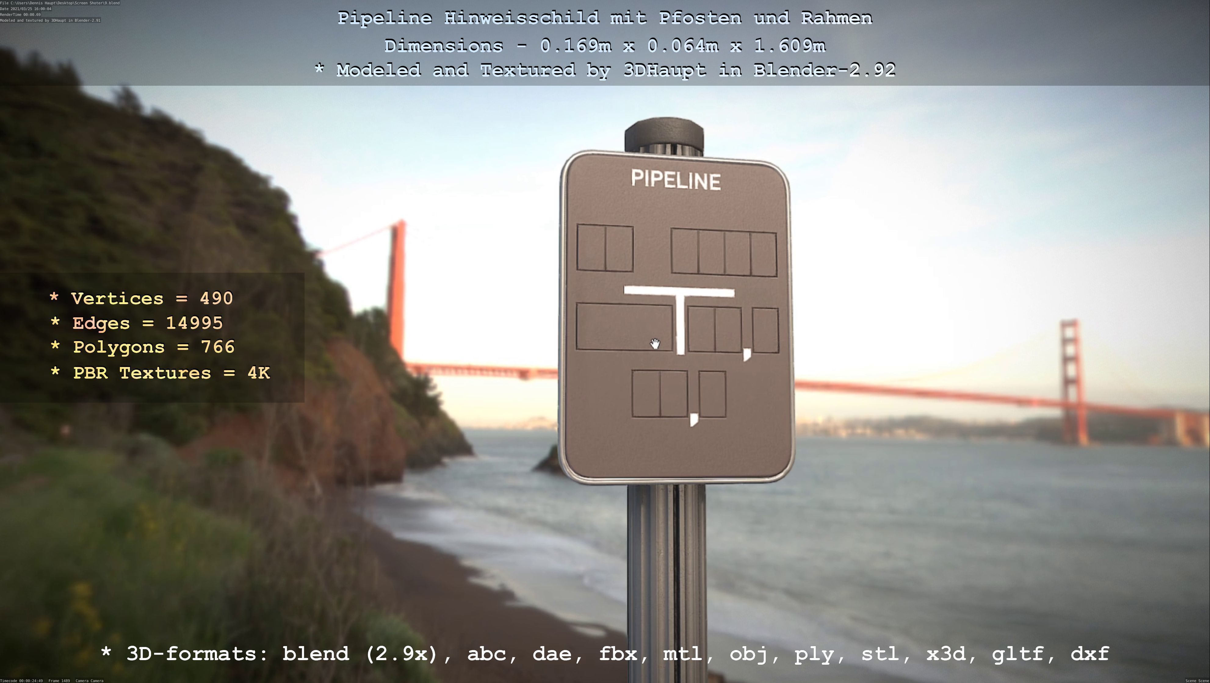 Hinweisschild Pipeline mit Pfosten und Rahmen Low-poly 3D model_53