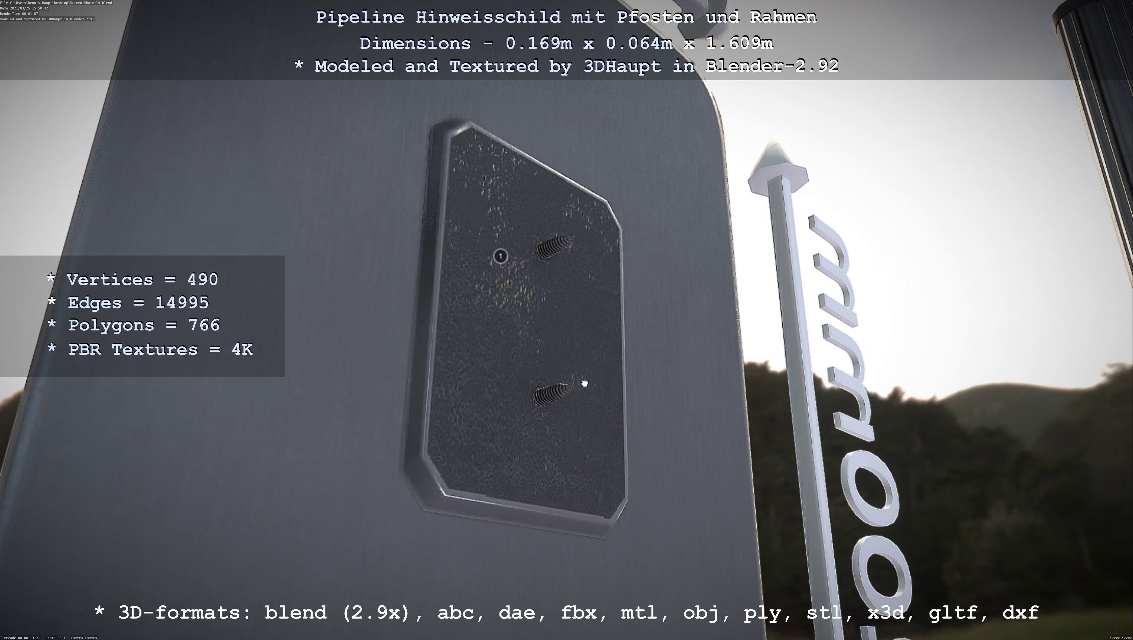 Hinweisschild Pipeline mit Pfosten und Rahmen Low-poly 3D model_110