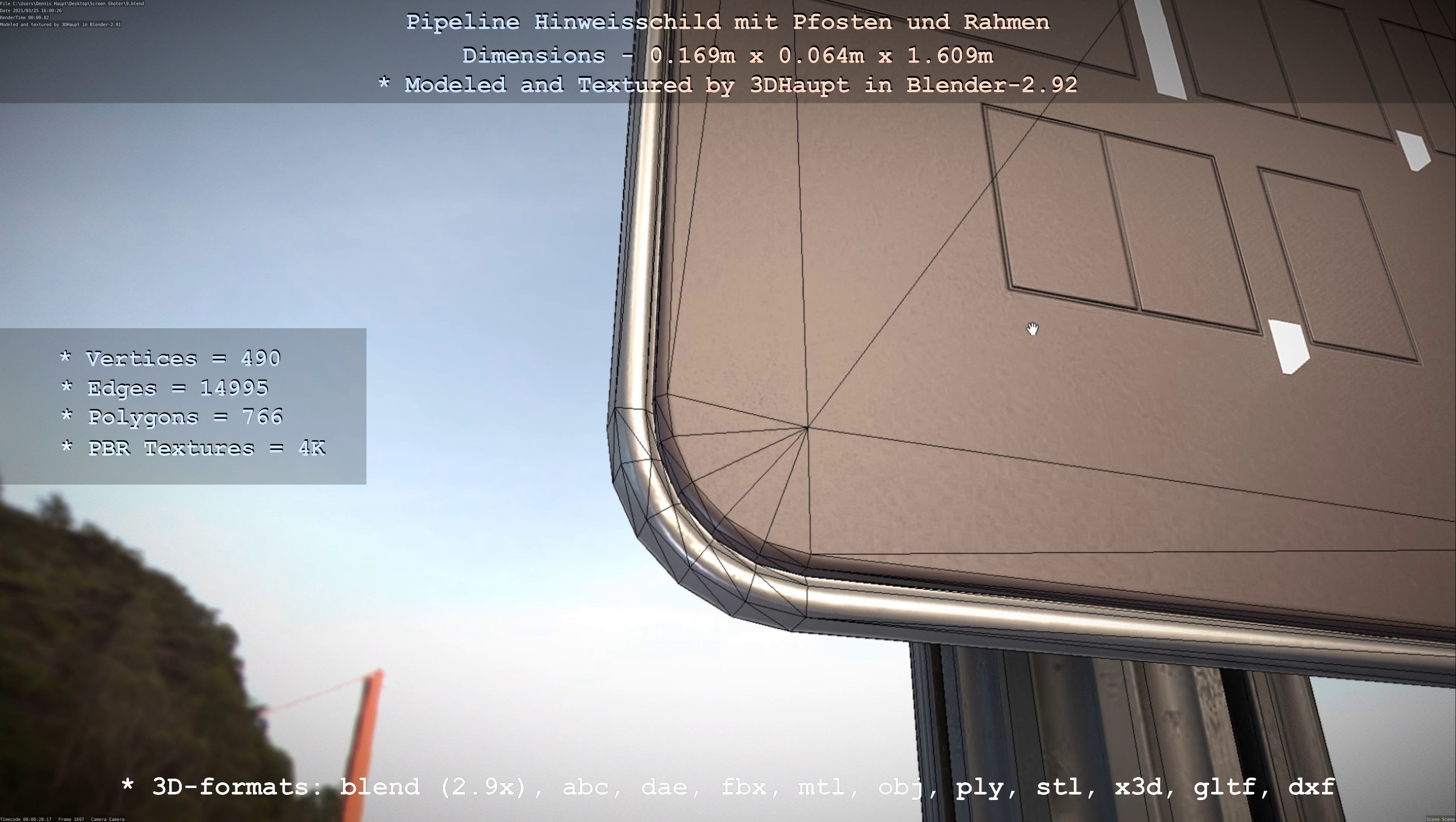 Hinweisschild Pipeline mit Pfosten und Rahmen Low-poly 3D model_41