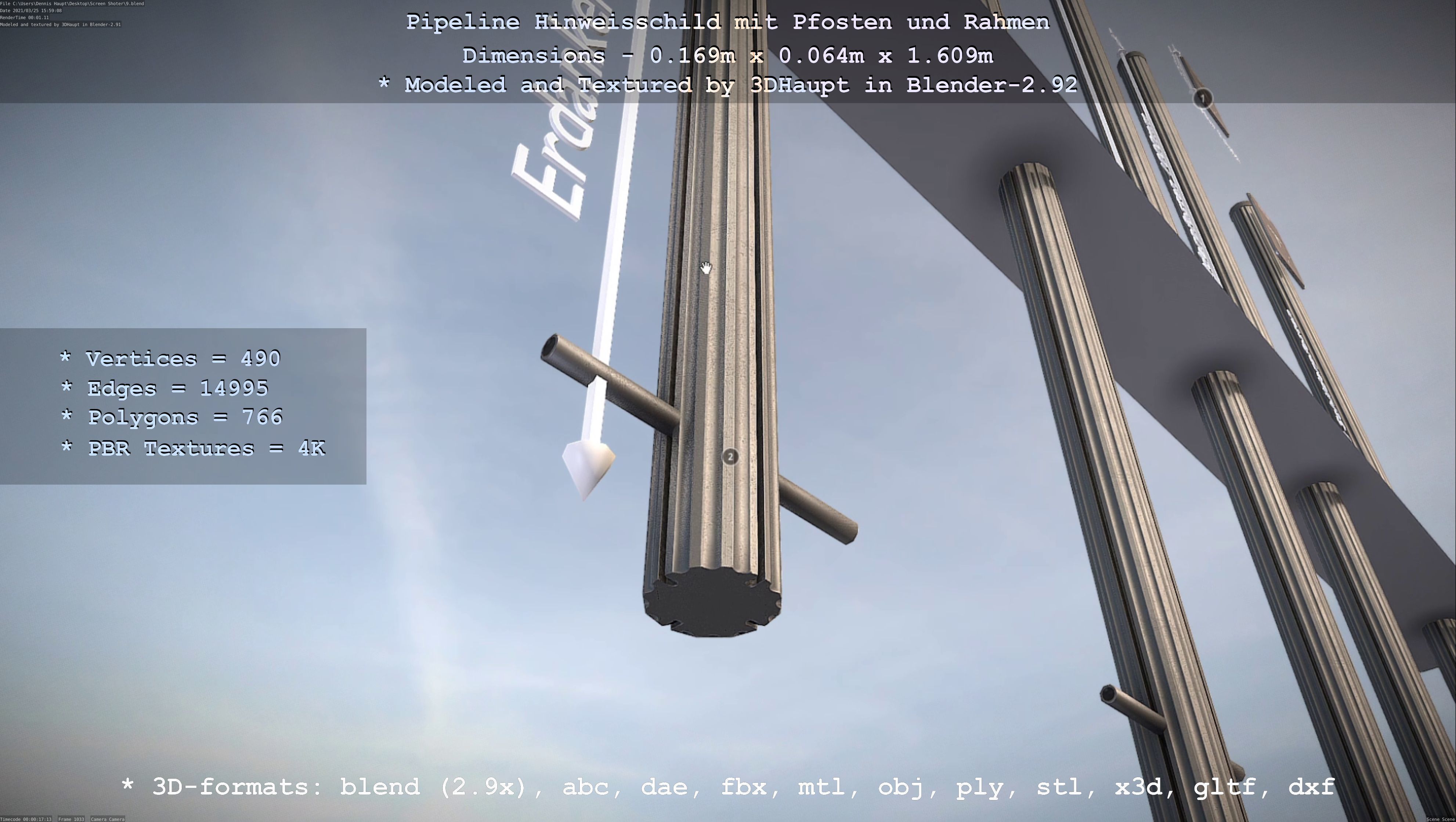 Hinweisschild Pipeline mit Pfosten und Rahmen Low-poly 3D model_128