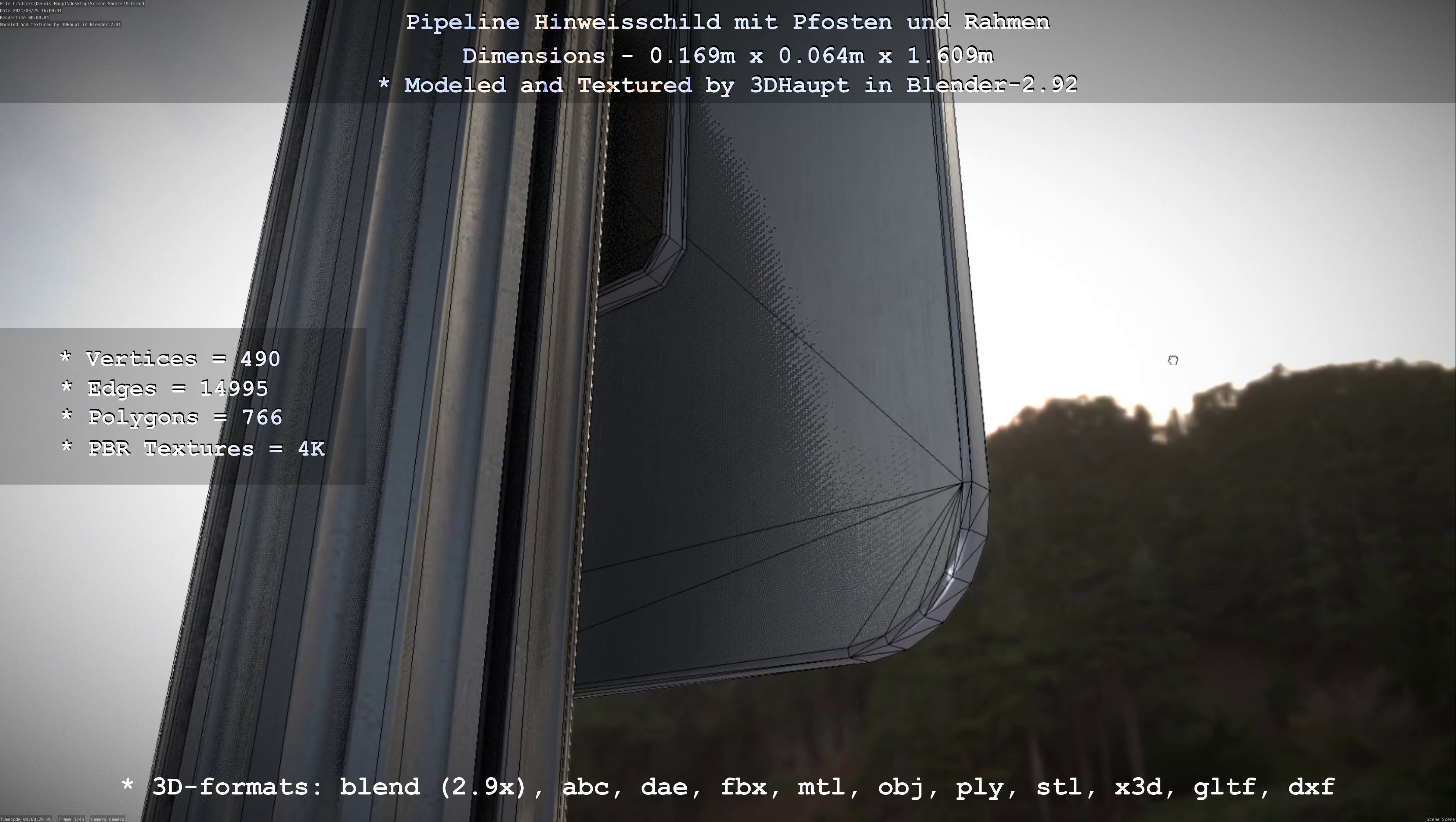 Hinweisschild Pipeline mit Pfosten und Rahmen Low-poly 3D model_43