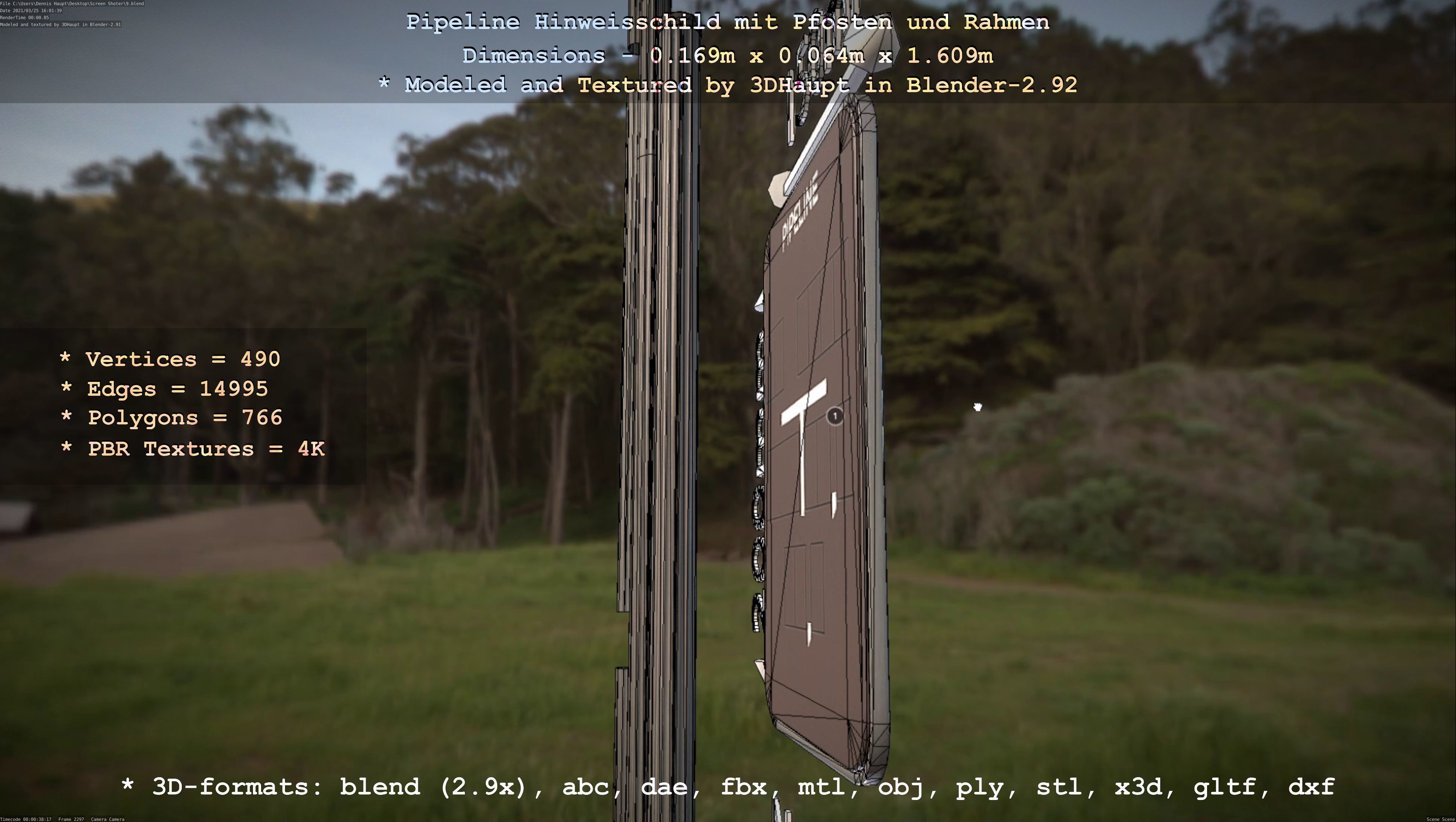 Hinweisschild Pipeline mit Pfosten und Rahmen Low-poly 3D model_10