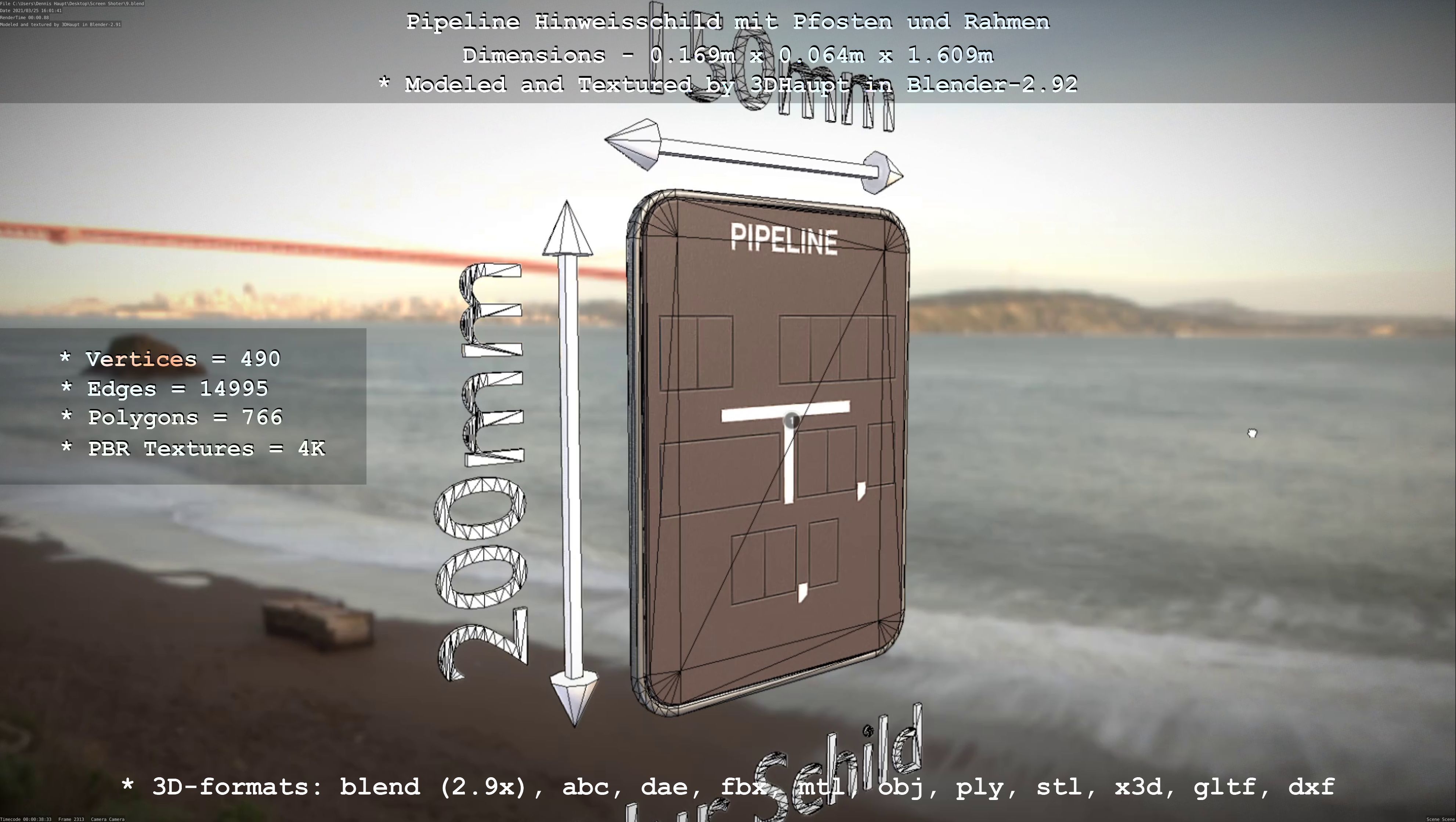 Hinweisschild Pipeline mit Pfosten und Rahmen Low-poly 3D model_12