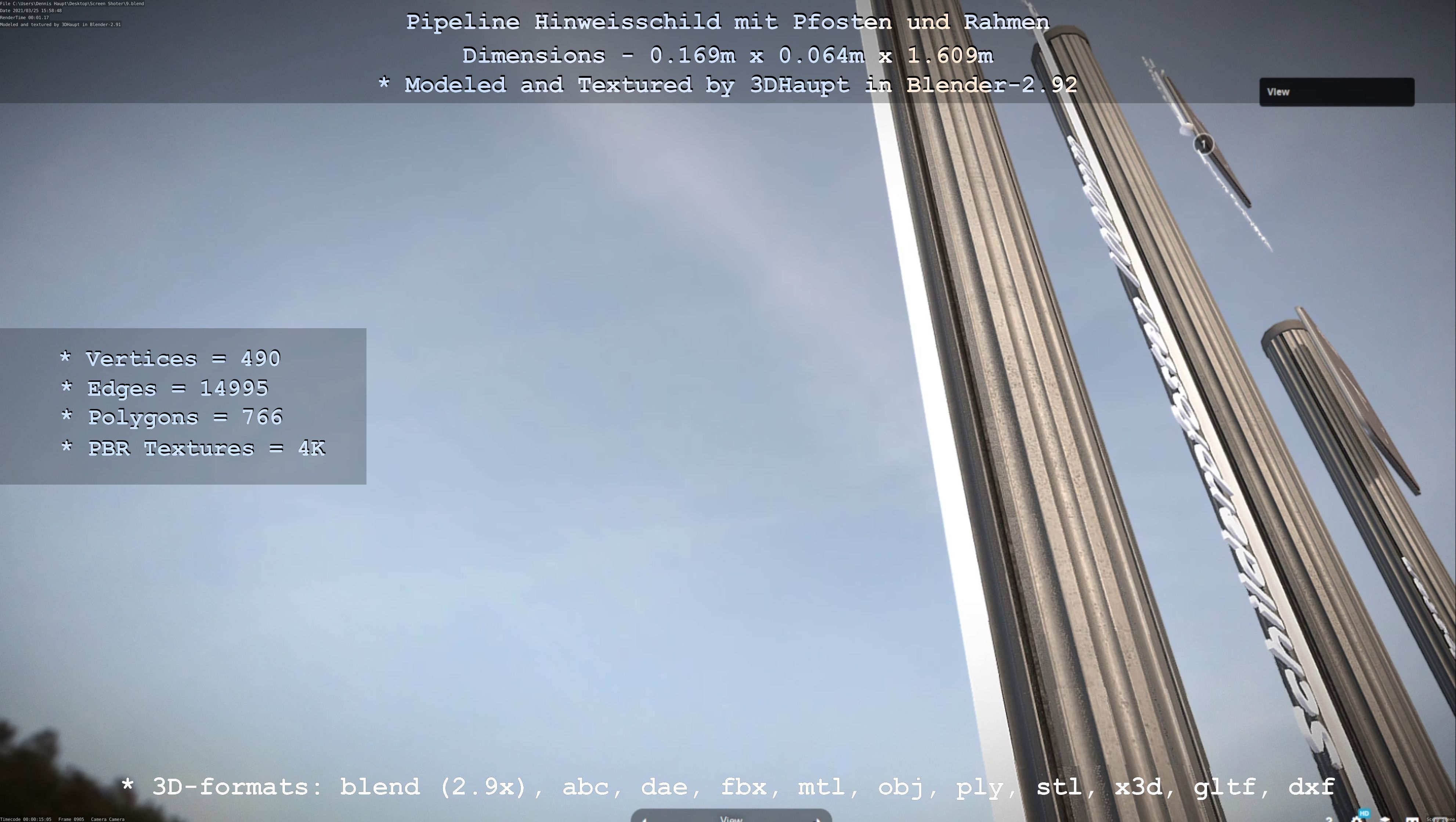 Hinweisschild Pipeline mit Pfosten und Rahmen Low-poly 3D model_118