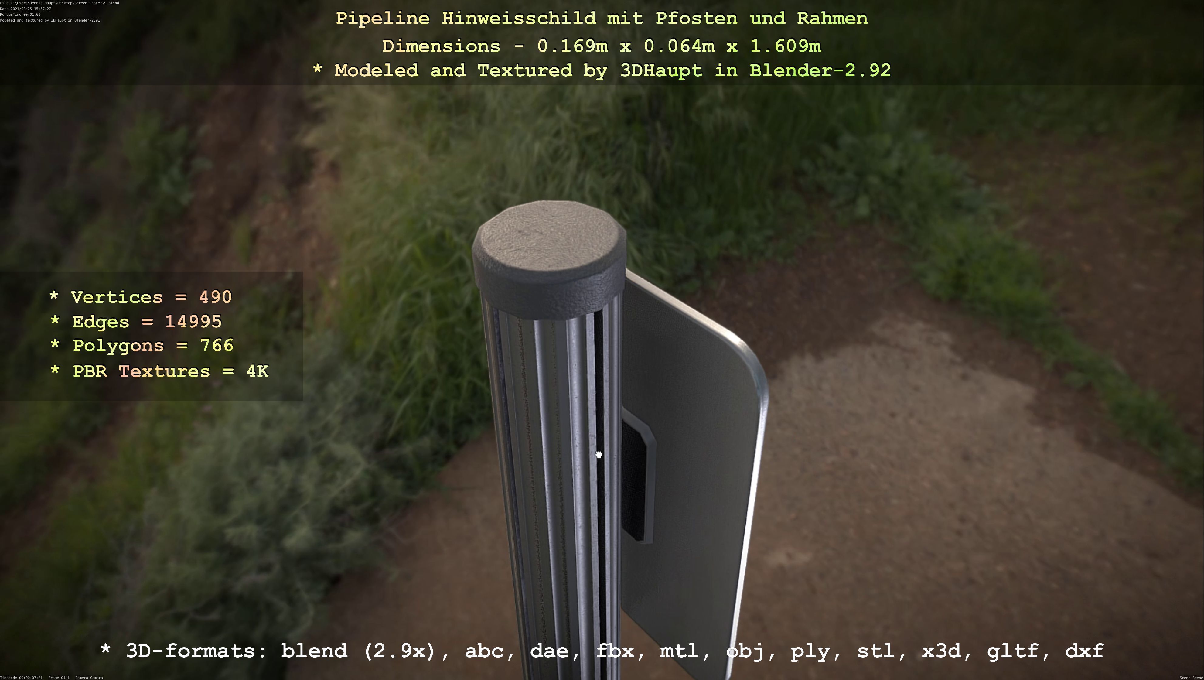 Hinweisschild Pipeline mit Pfosten und Rahmen Low-poly 3D model_86