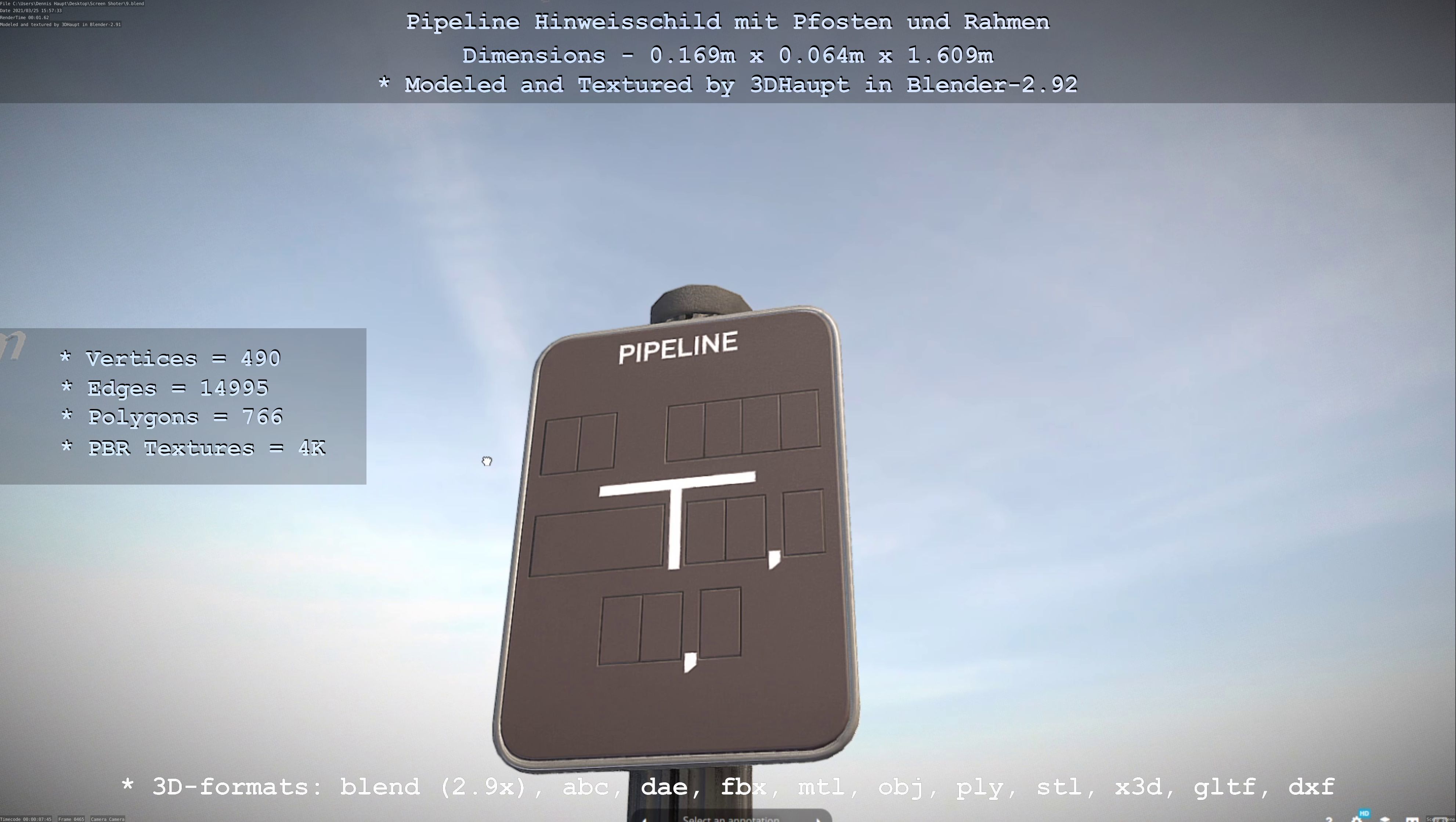 Hinweisschild Pipeline mit Pfosten und Rahmen Low-poly 3D model_32