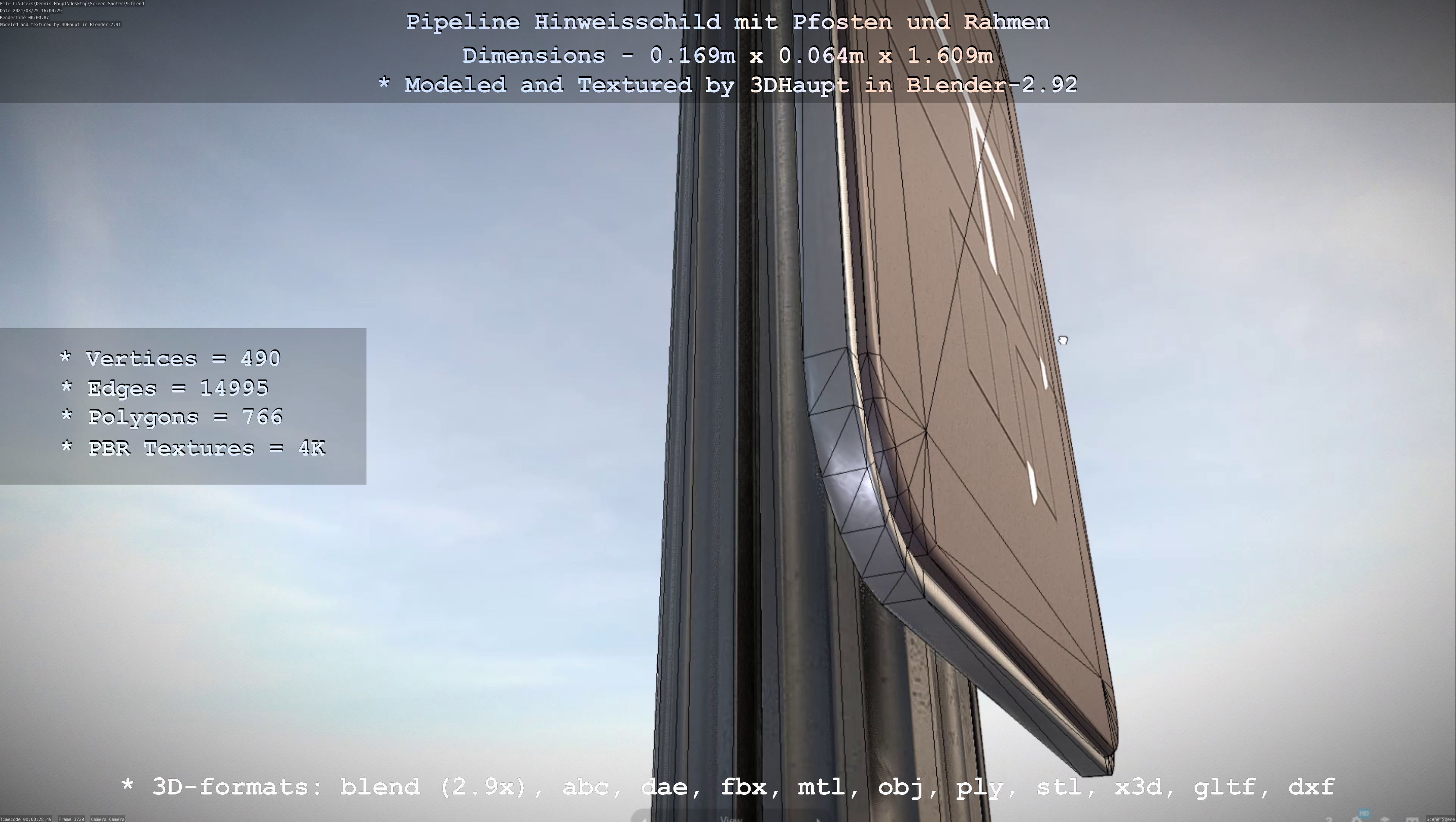 Hinweisschild Pipeline mit Pfosten und Rahmen Low-poly 3D model_61